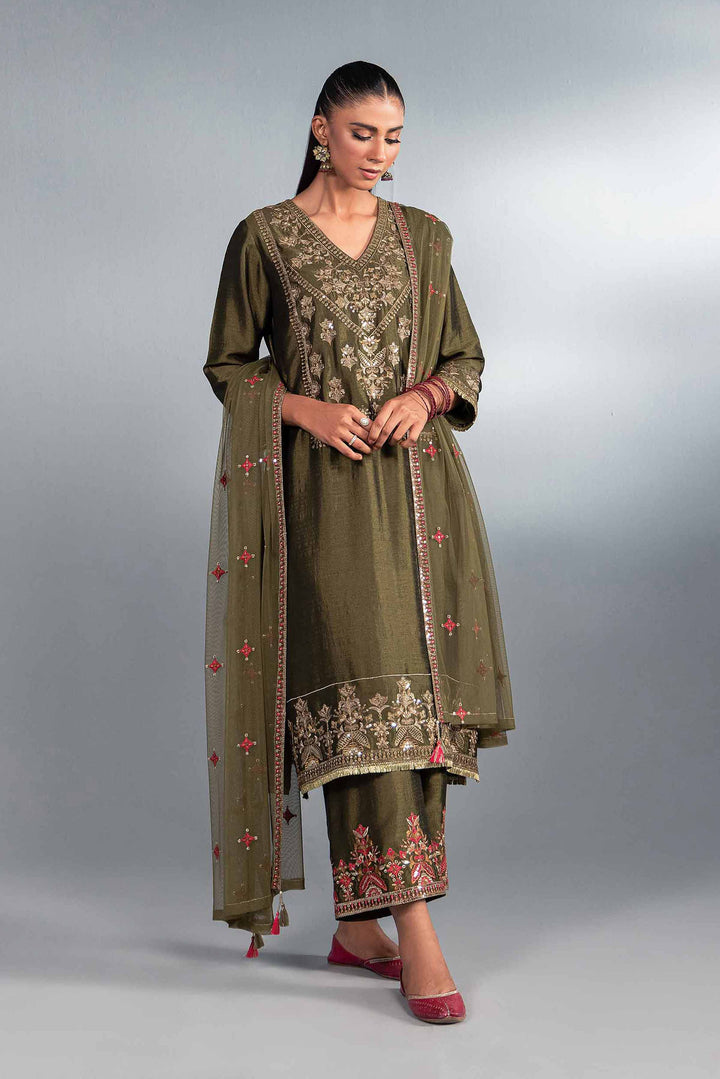 3 Piece Green Net & Silk Embroidered Suit