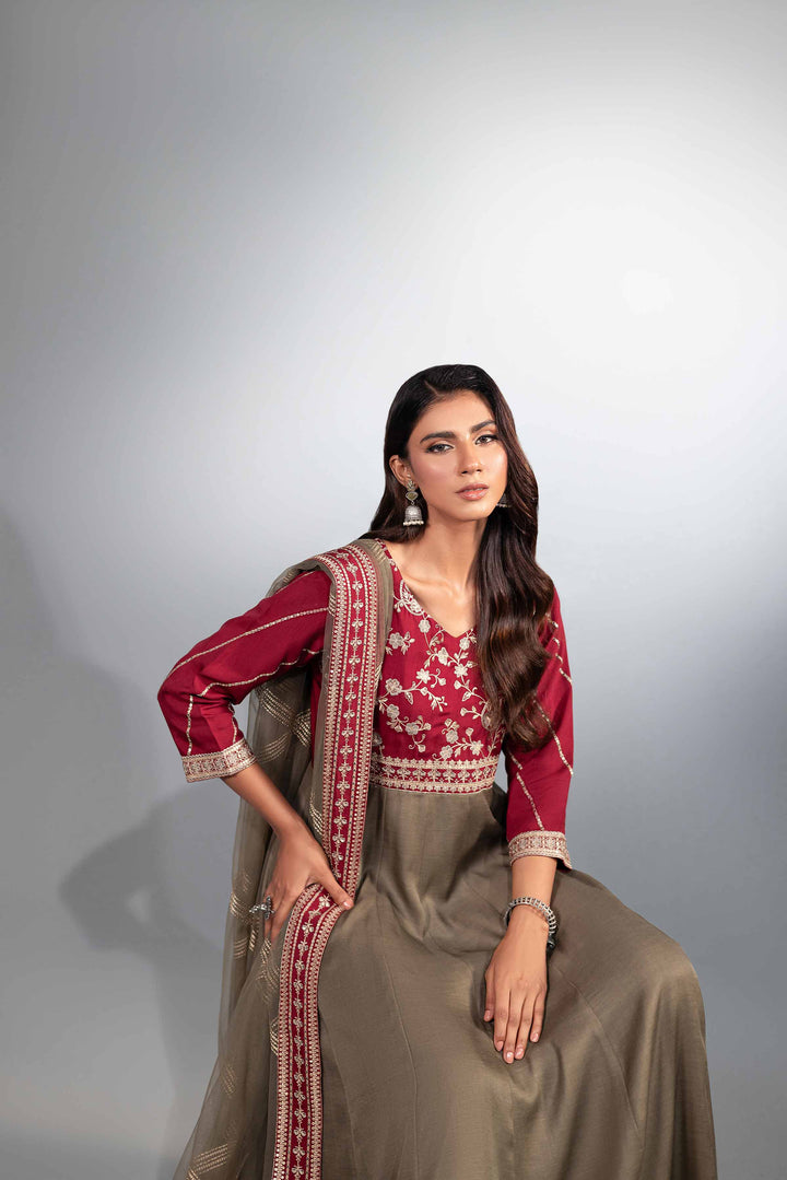 2 Piece Grey & Maroon Net & Silk Embroidered Suit