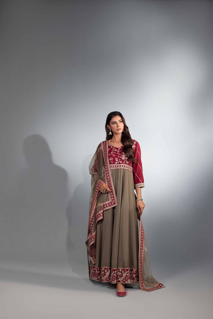 2 Piece Grey & Maroon Net & Silk Embroidered Suit