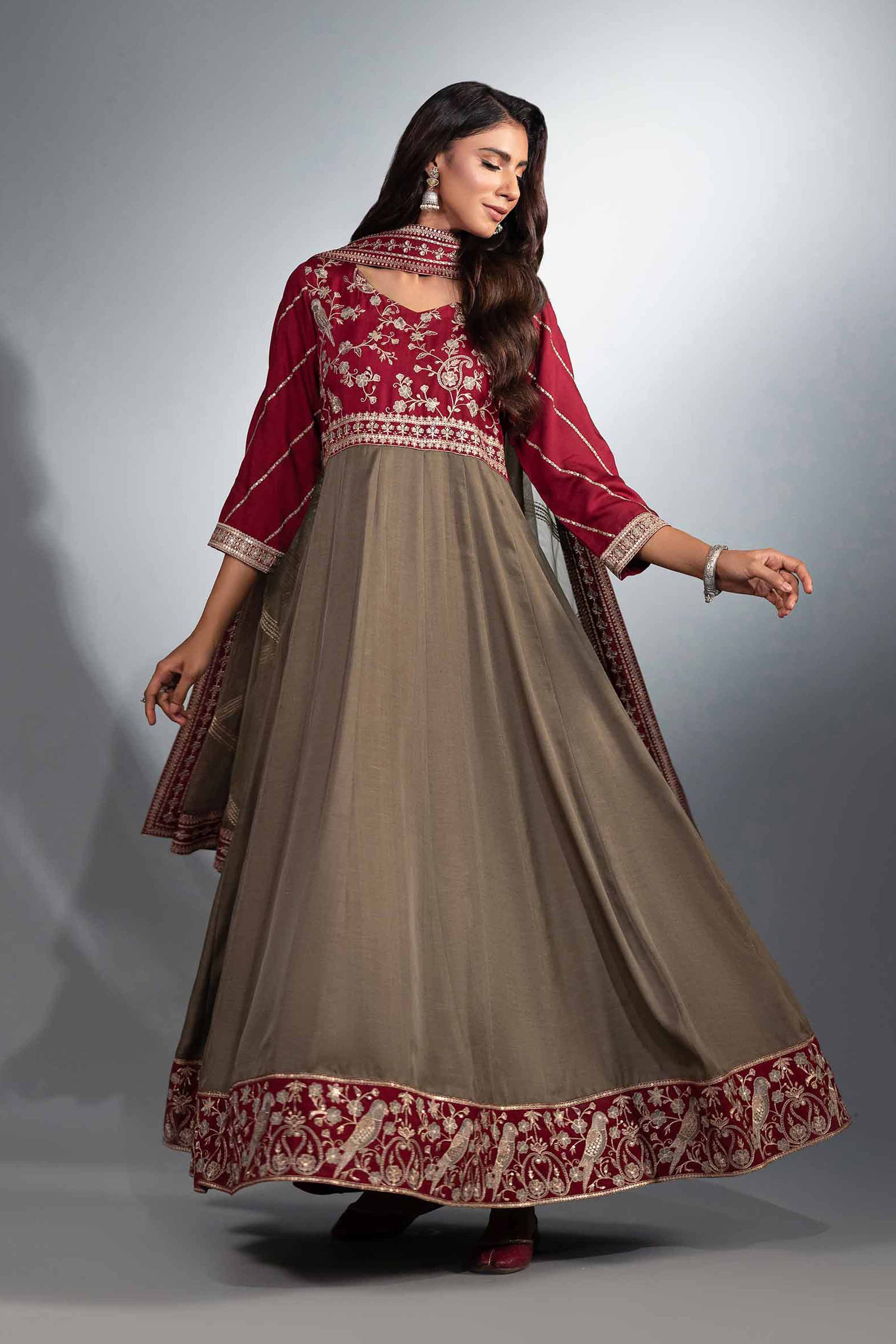 NishatUK - Brown Embroidered  Silk 2-piece ready to wear Luxury Dress