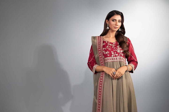 2 Piece Grey & Maroon Net & Silk Embroidered Suit