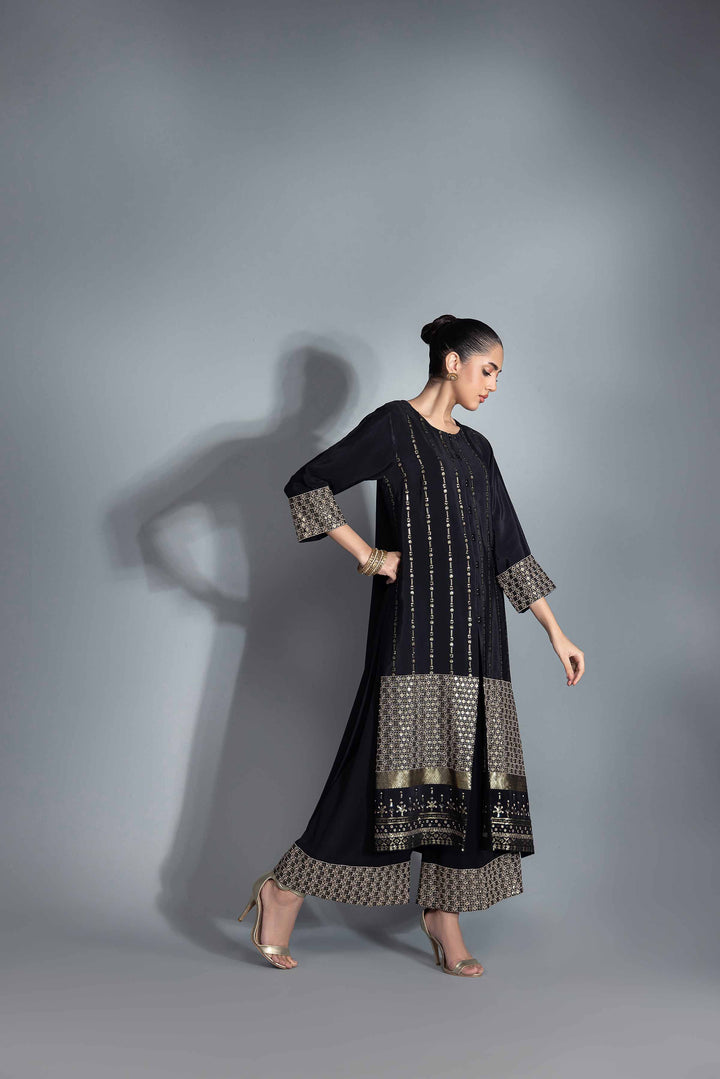 3 Piece Black Rayan Silk Embroidered Suit