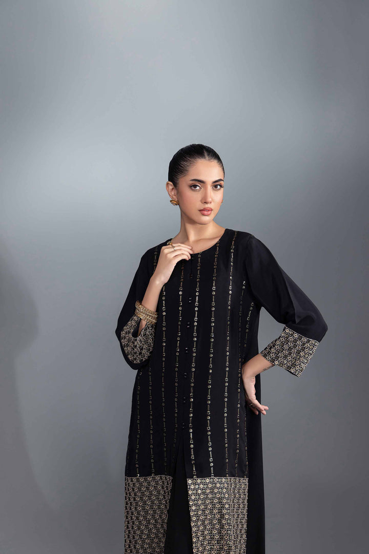 3 Piece Black Rayan Silk Embroidered Suit