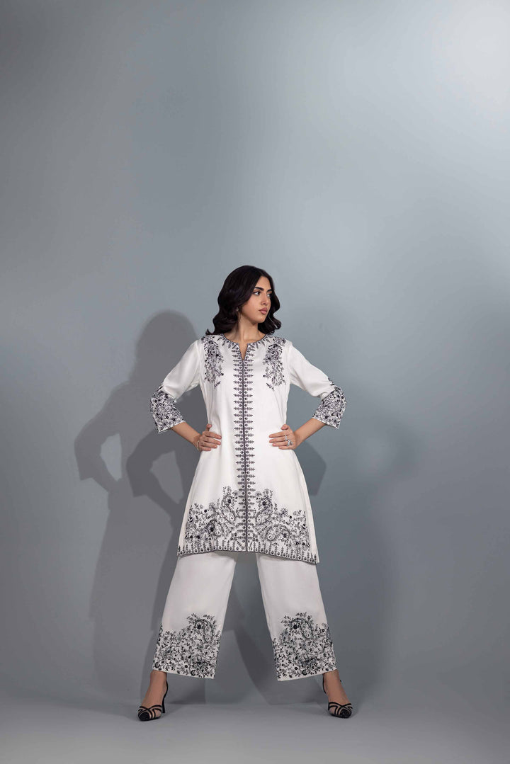 2 Piece White Silk & Chiffon Embroidered Suit