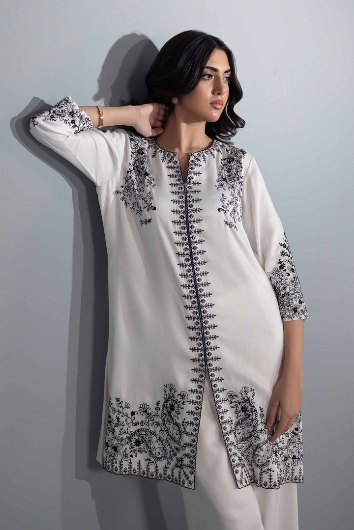 2 Piece White Silk & Chiffon Embroidered Suit