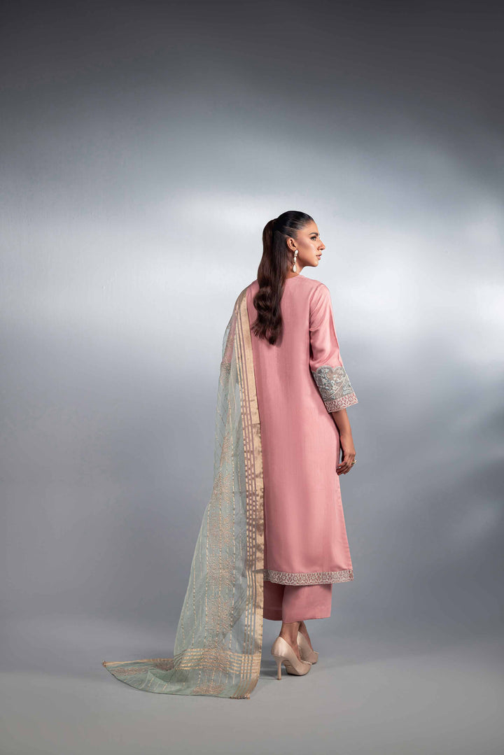 2 Piece Aqua & Pink Organza & Silk Embroidered Suit