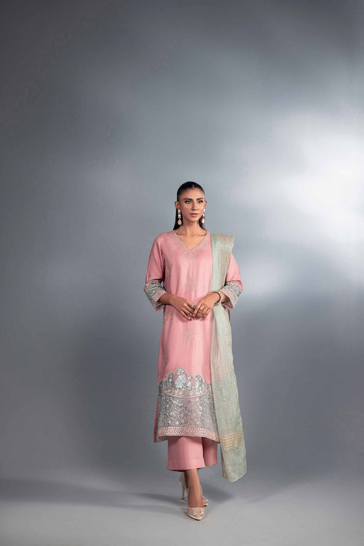 2 Piece Aqua & Pink Organza & Silk Embroidered Suit