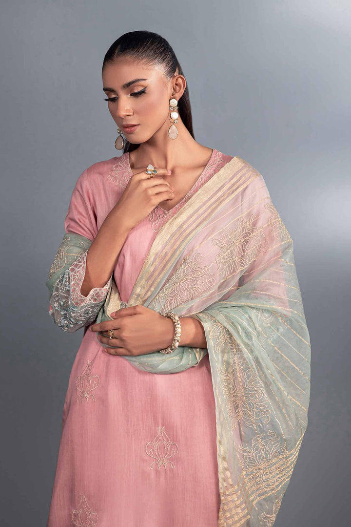 2 Piece Aqua & Pink Organza & Silk Embroidered Suit