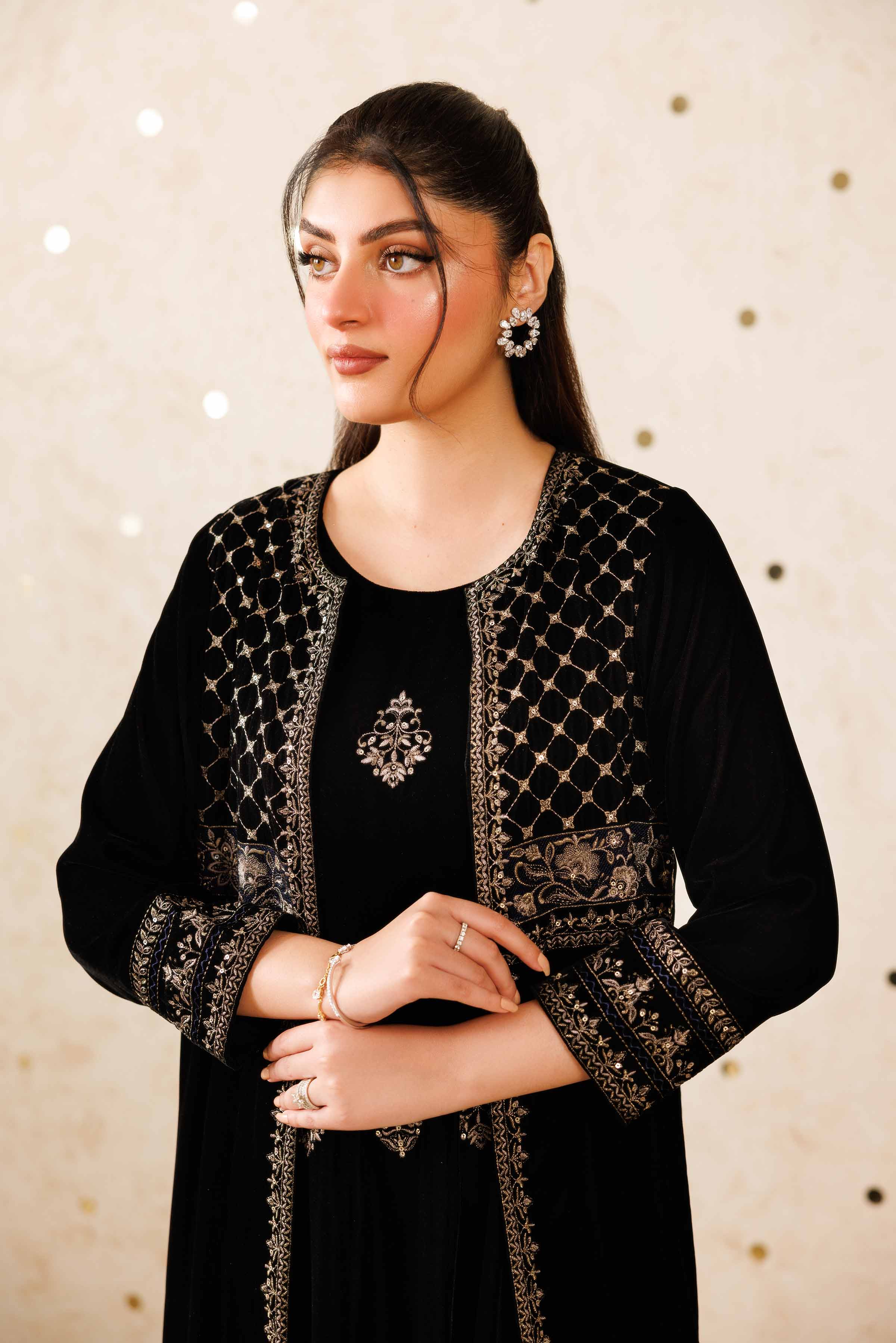 NishatUK - Black Embroidered Velvet 2-piece ready to wear Luxury Dress
