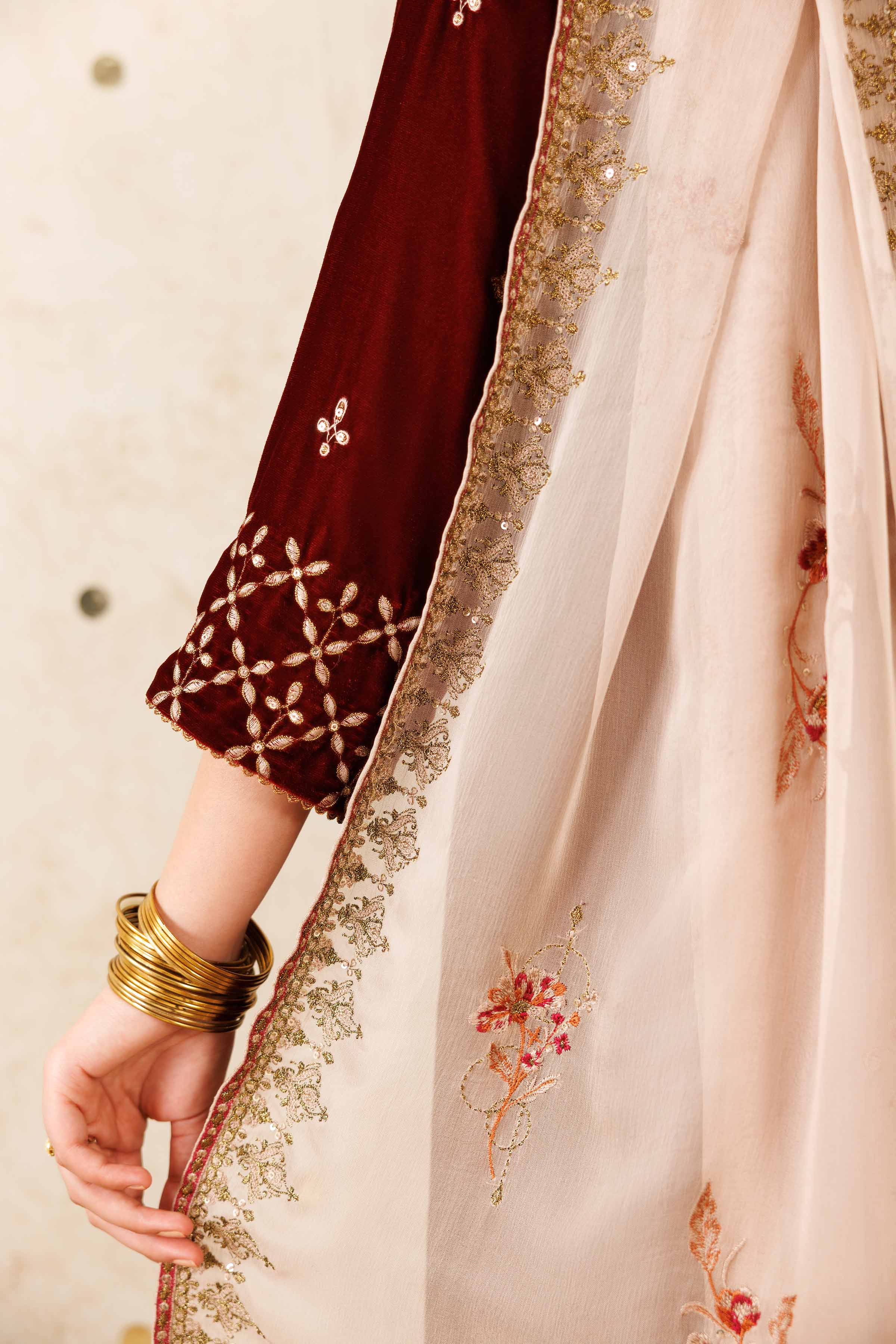 NishatUK - Maroon Embroidered Velvet 2-piece ready to wear Luxury Dress