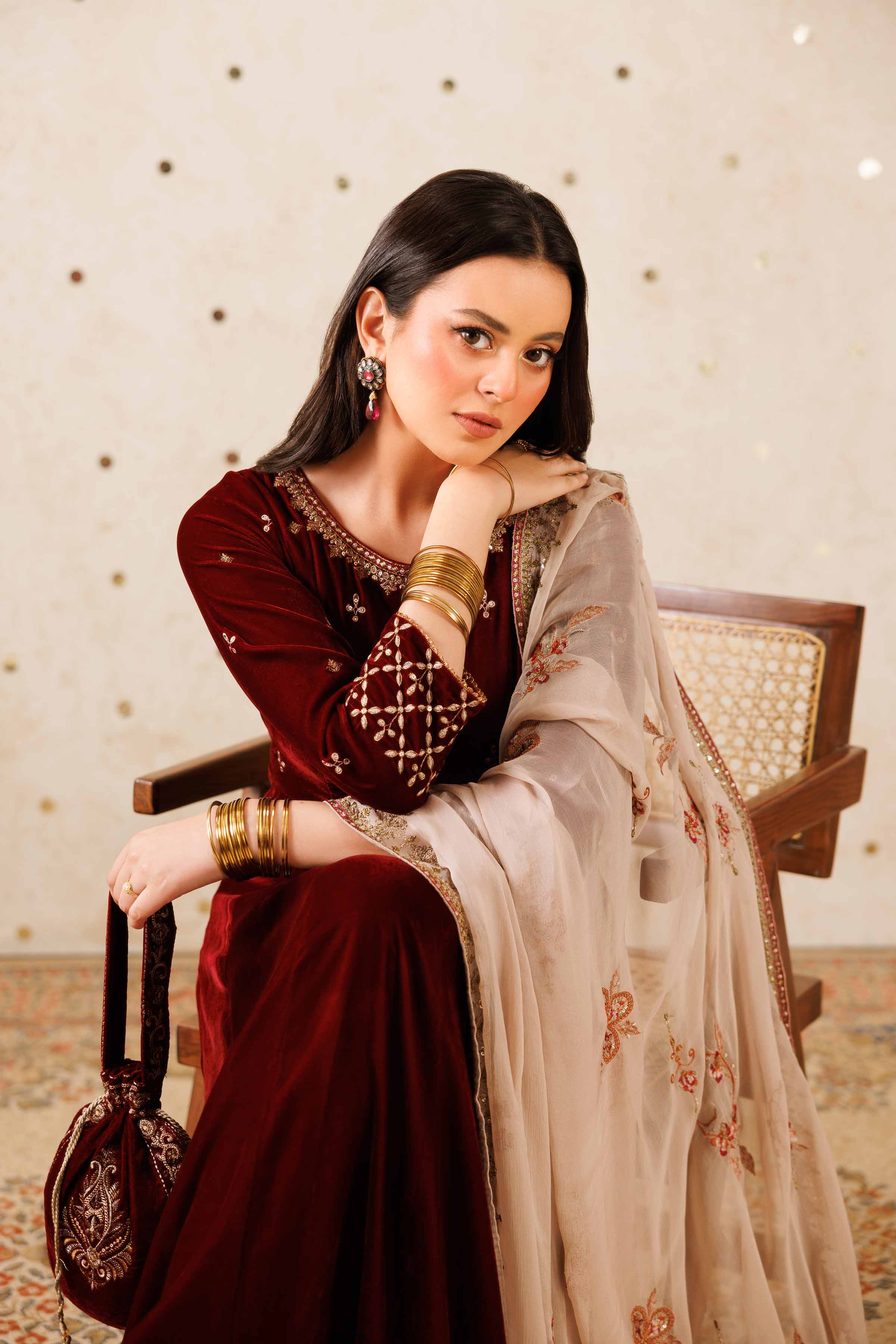 NishatUK - Maroon Embroidered Velvet 2-piece ready to wear Luxury Dress