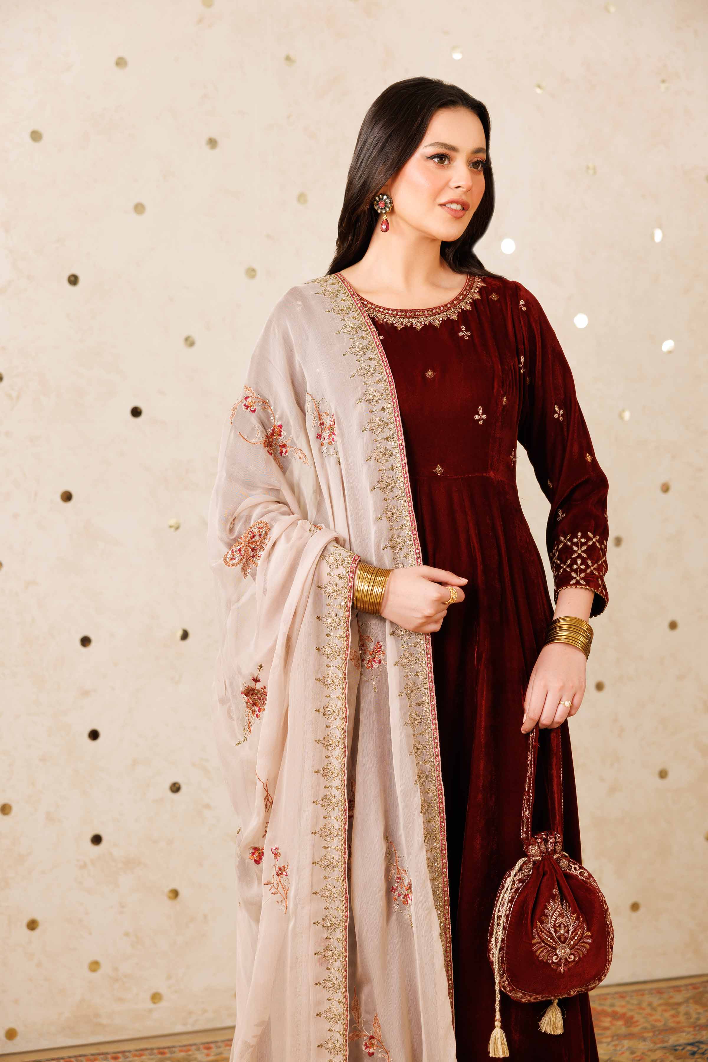 NishatUK - Maroon Embroidered Velvet 2-piece ready to wear Luxury Dress