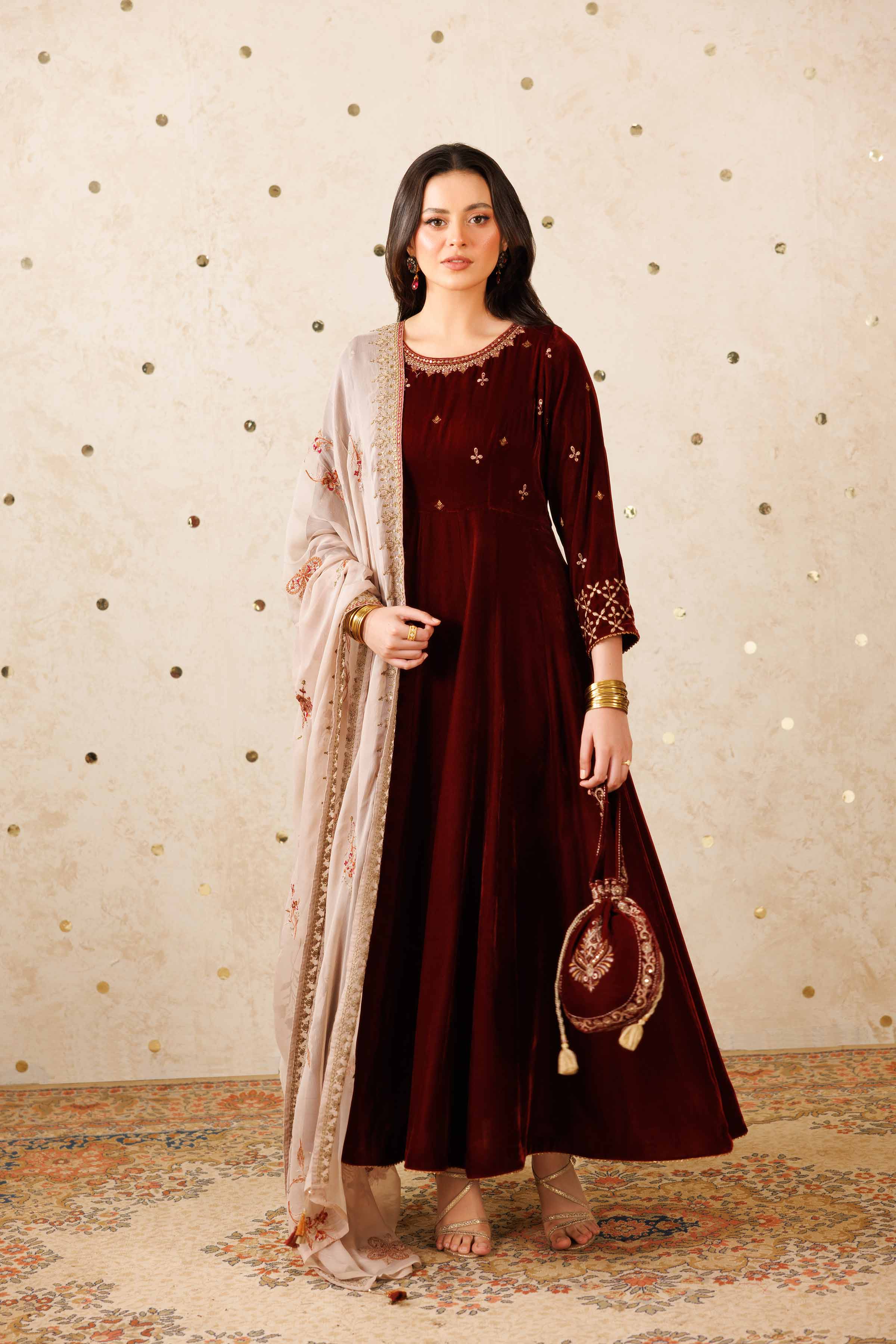 NishatUK - Maroon Embroidered Velvet 2-piece ready to wear Luxury Dress