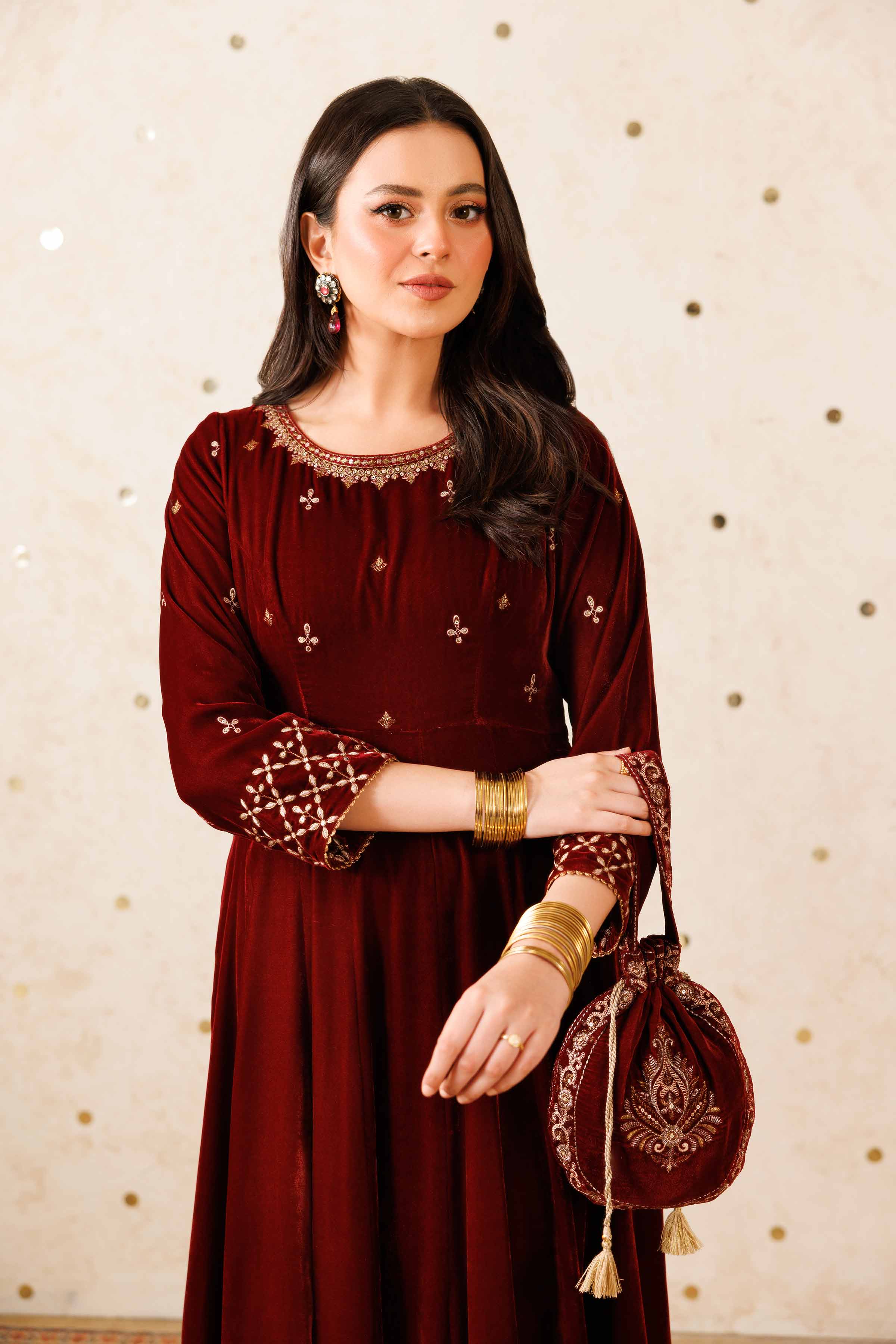 NishatUK - Maroon Embroidered Velvet 2-piece ready to wear Luxury Dress