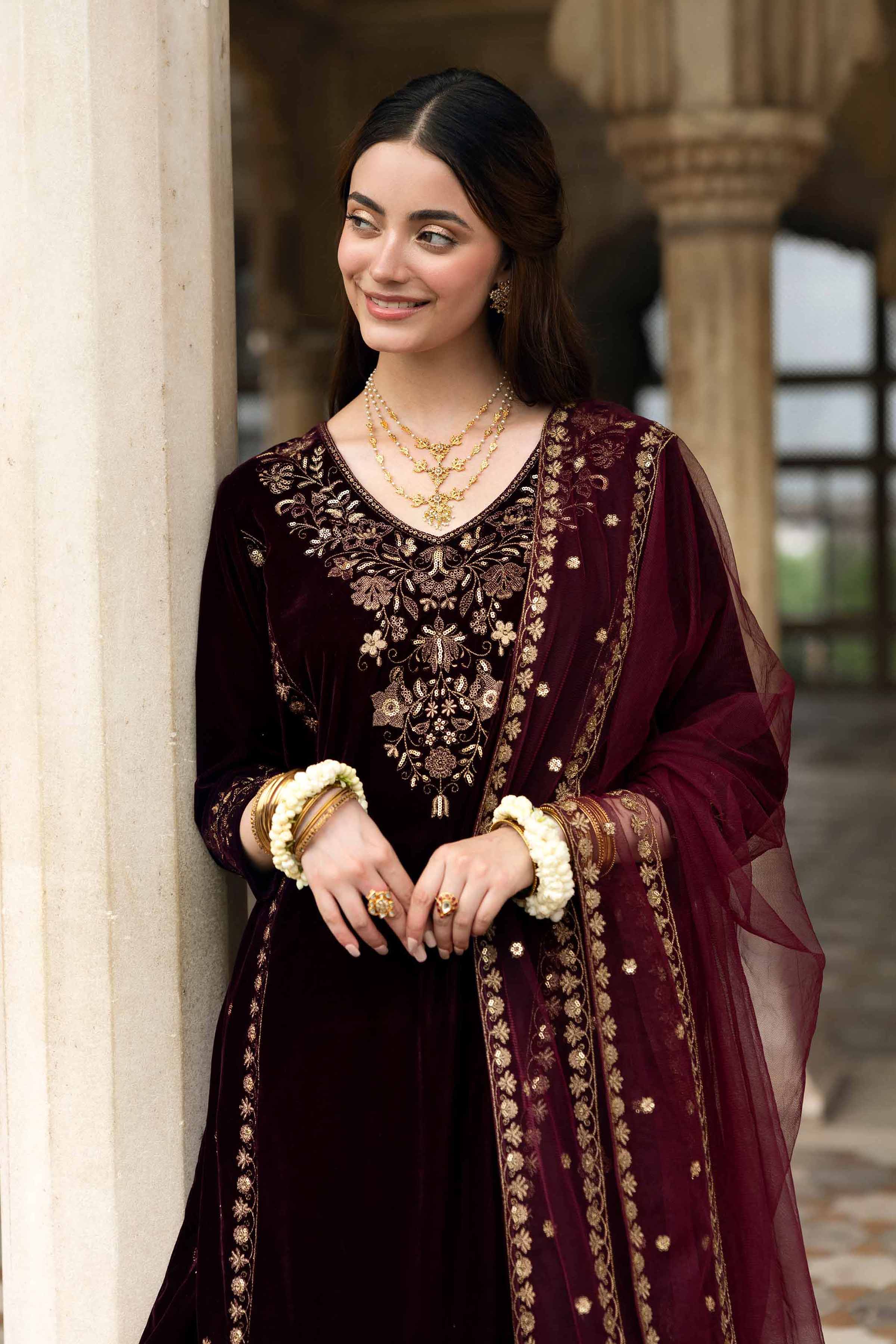 NishatUK - Plum Embroidered Velvet 3-piece ready to wear Suit