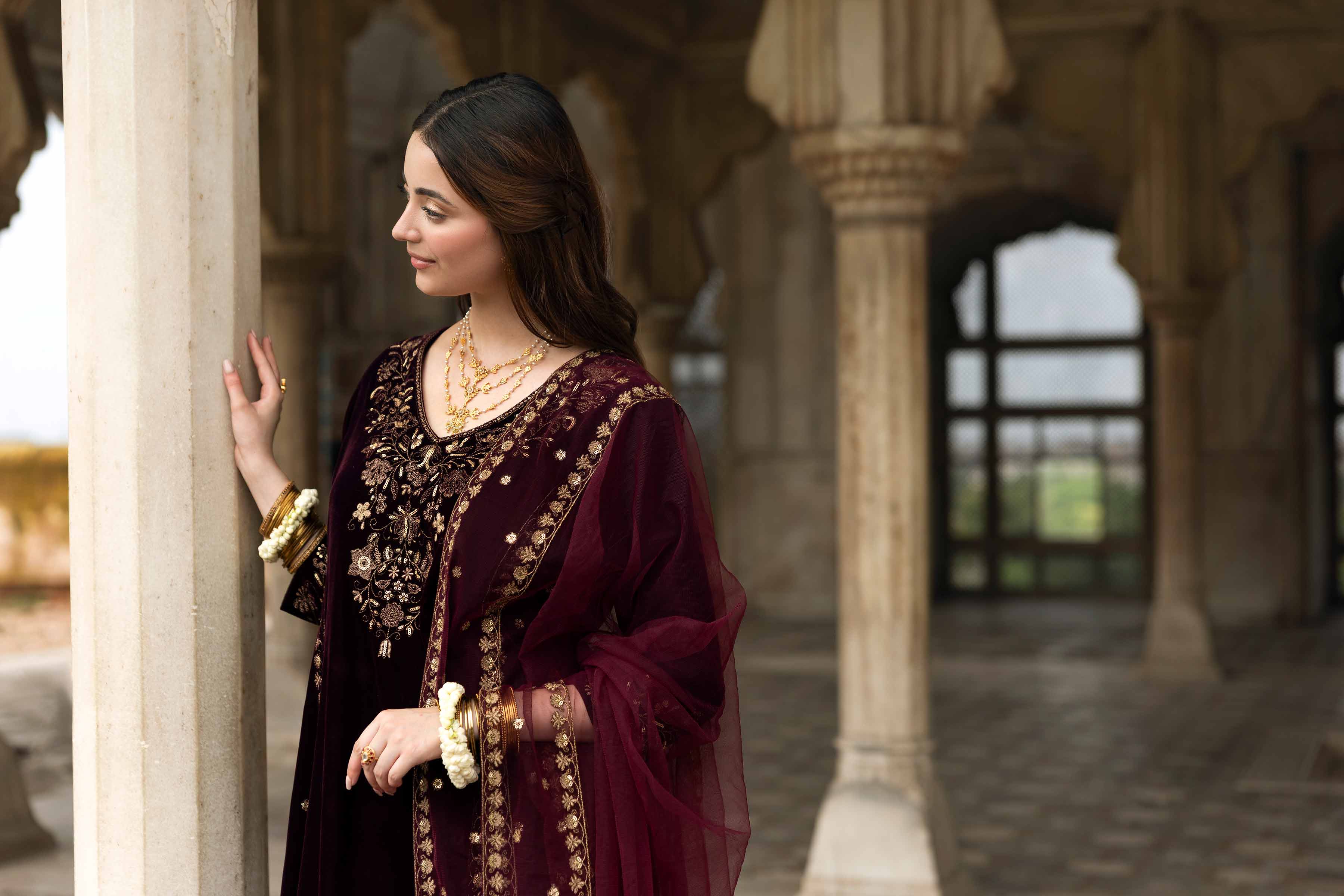 NishatUK - Plum Embroidered Velvet 3-piece ready to wear Suit