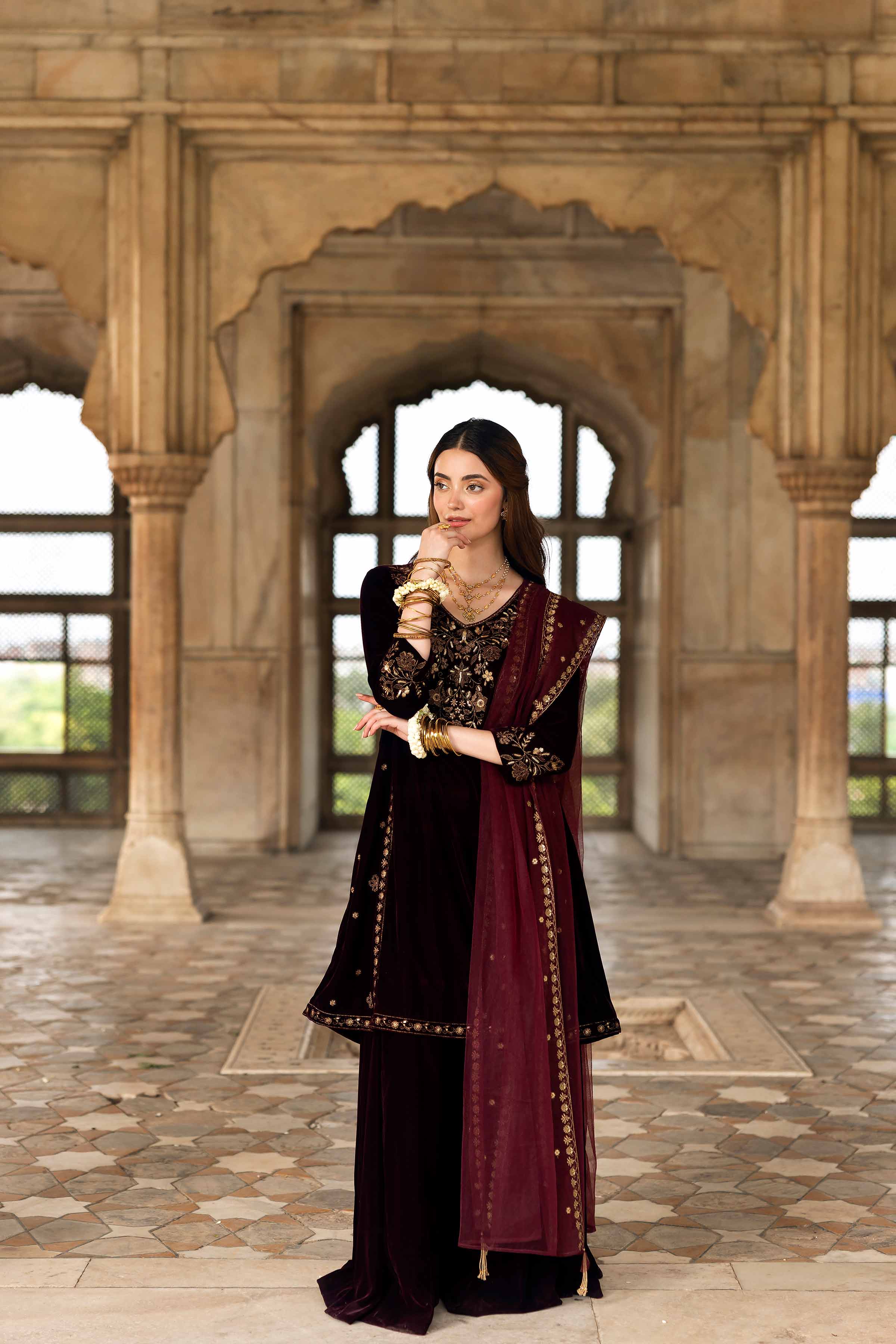 NishatUK - Plum Embroidered Velvet 3-piece ready to wear Suit