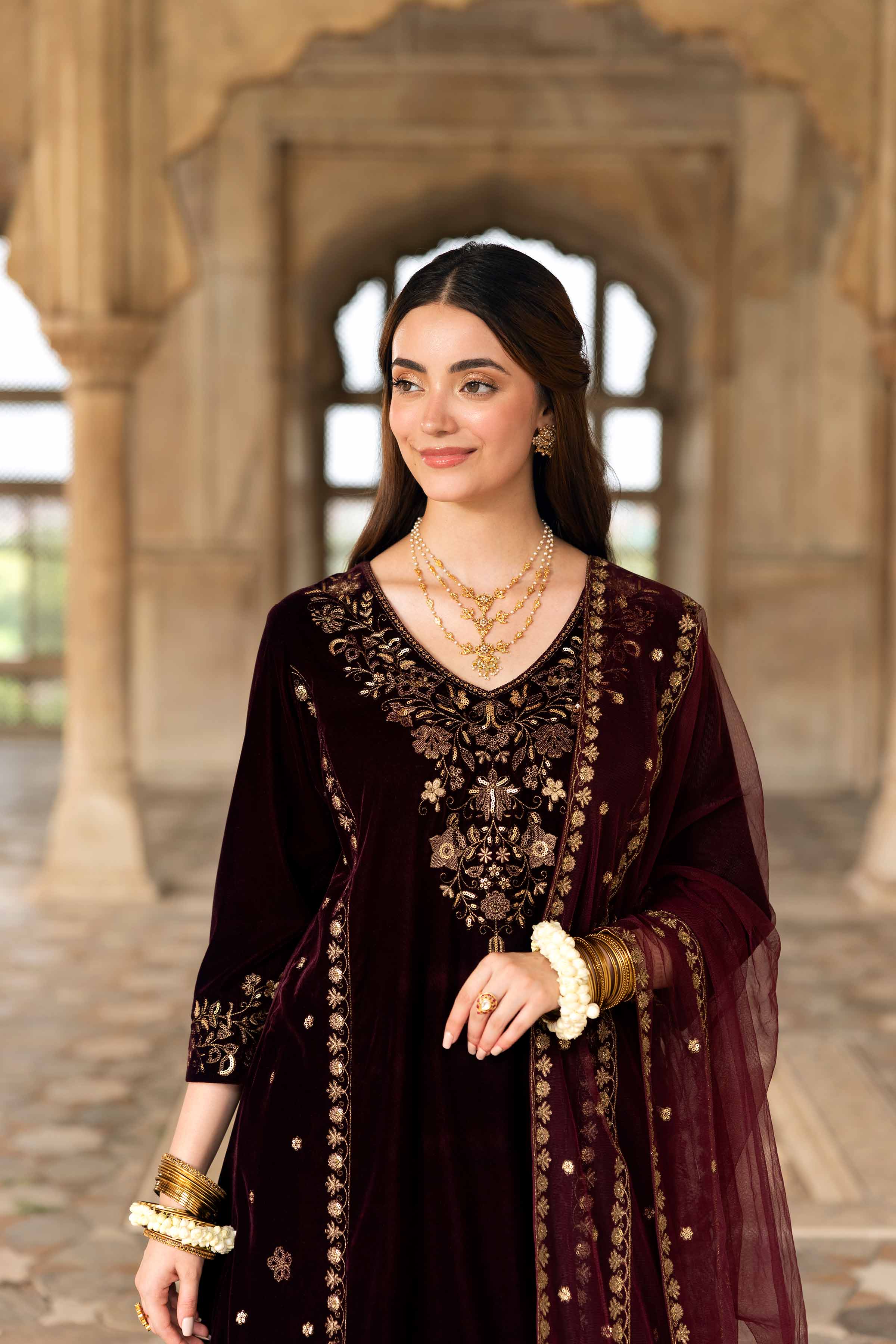 NishatUK - Plum Embroidered Velvet 3-piece ready to wear Suit