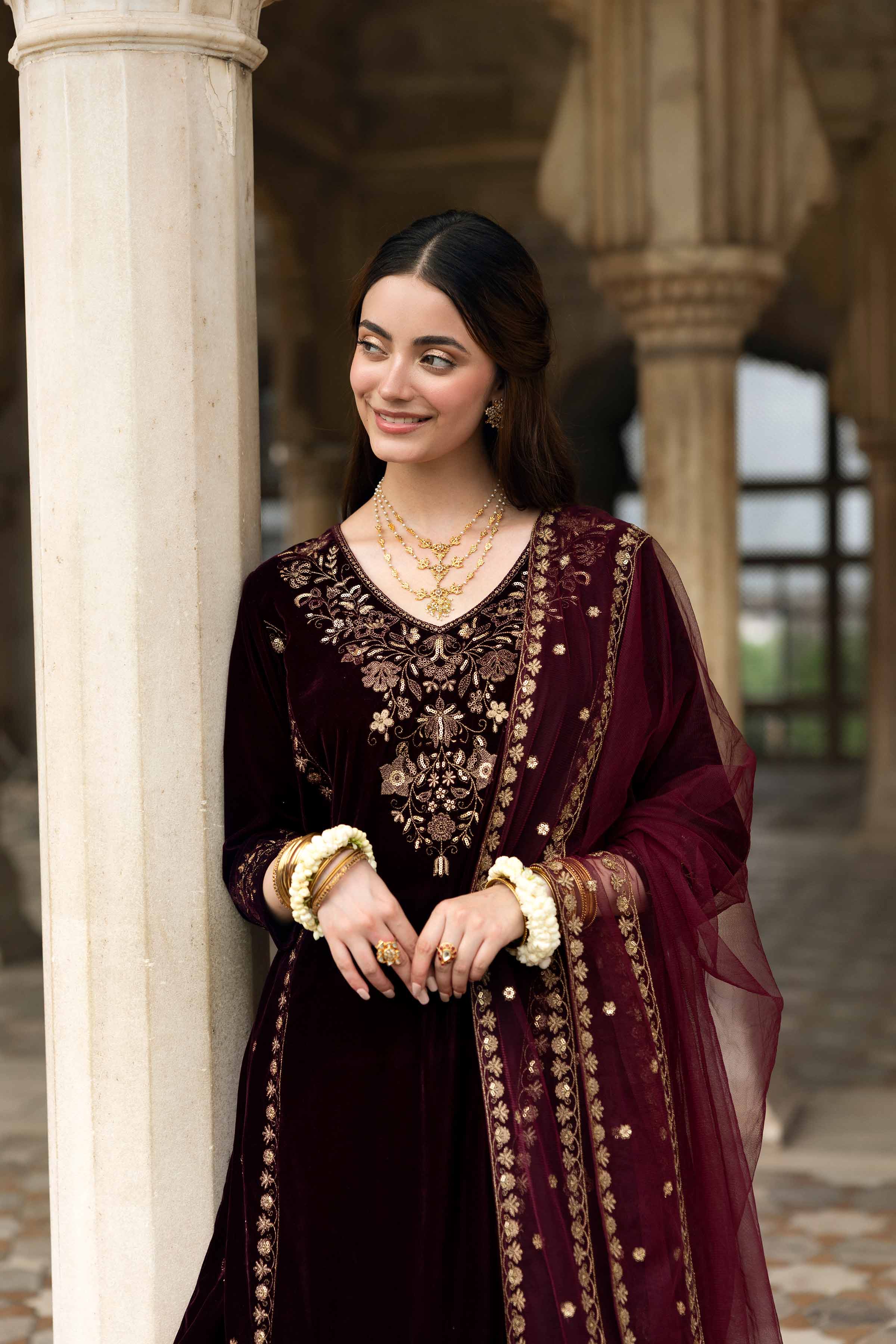 NishatUK - Plum Embroidered Velvet 3-piece ready to wear Suit