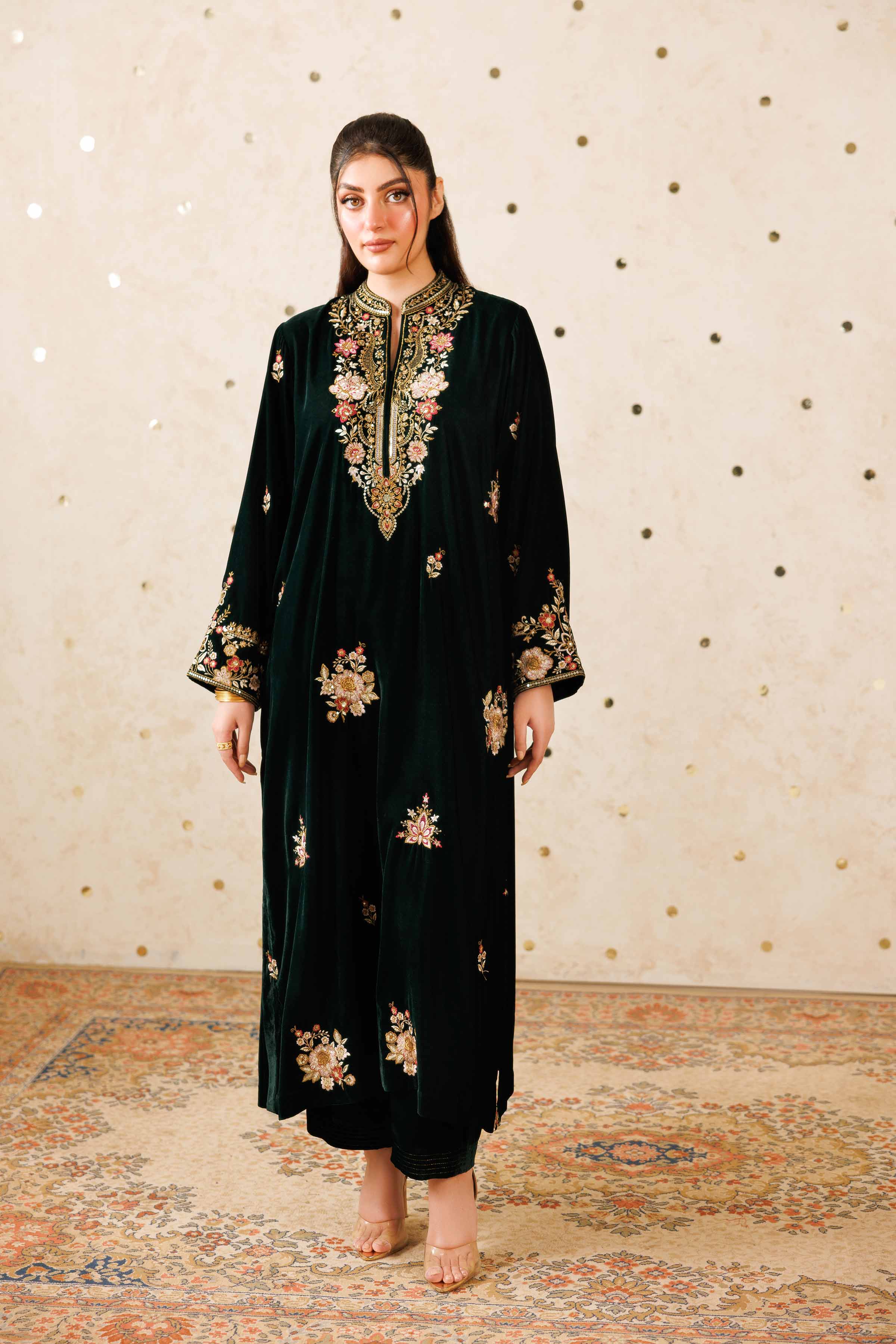 NishatUK - Green Embroidered Velvet 2-piece ready to wear Luxury Dress