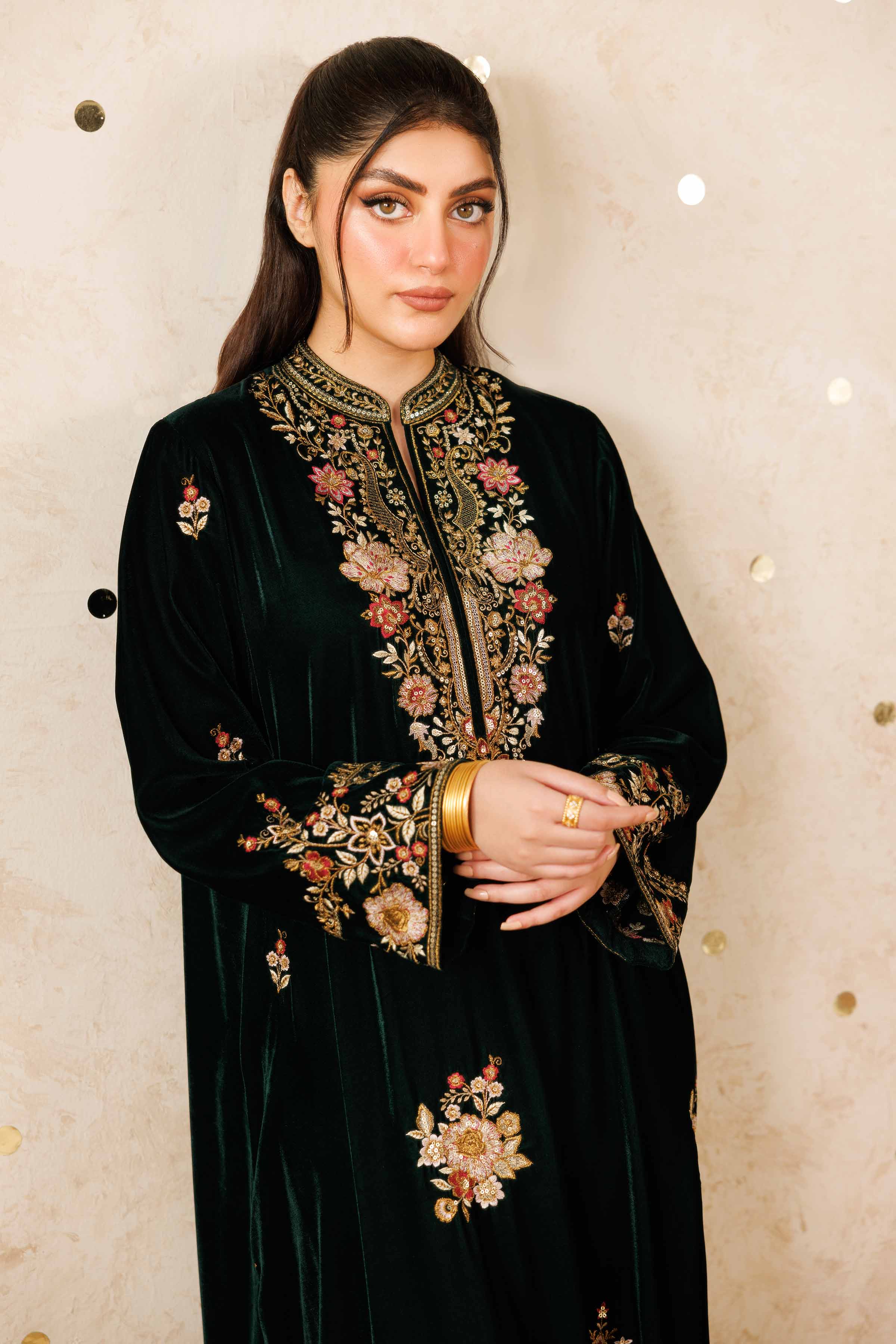 NishatUK - Green Embroidered Velvet 2-piece ready to wear Luxury Dress