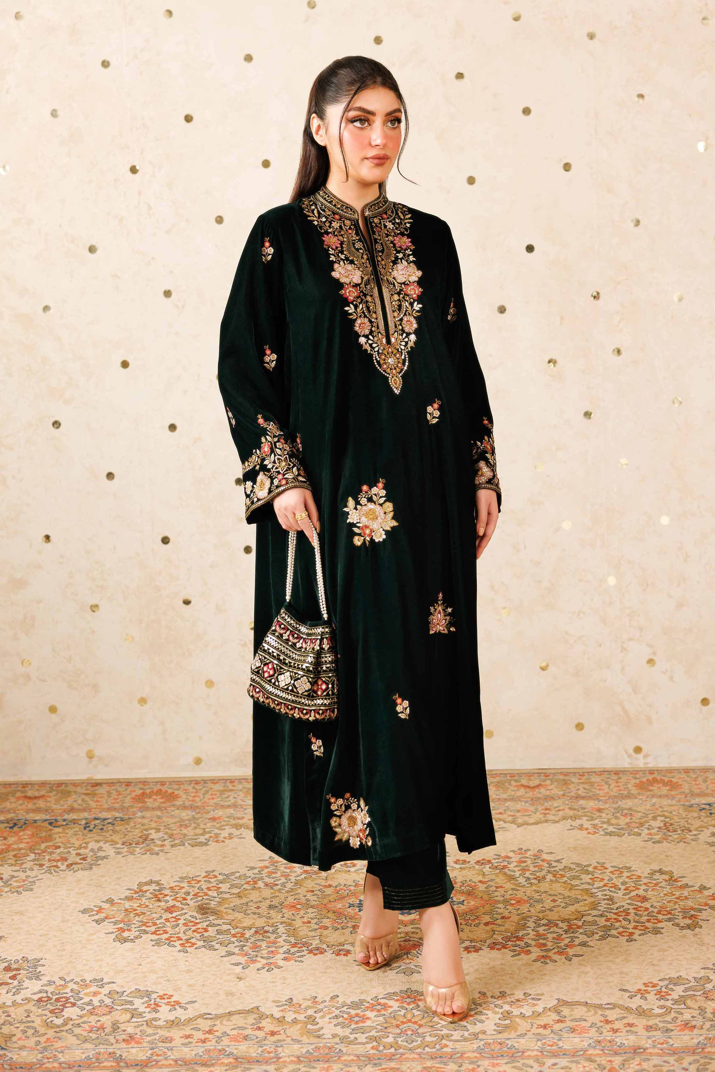 NishatUK - Green Embroidered Velvet 2-piece ready to wear Luxury Dress