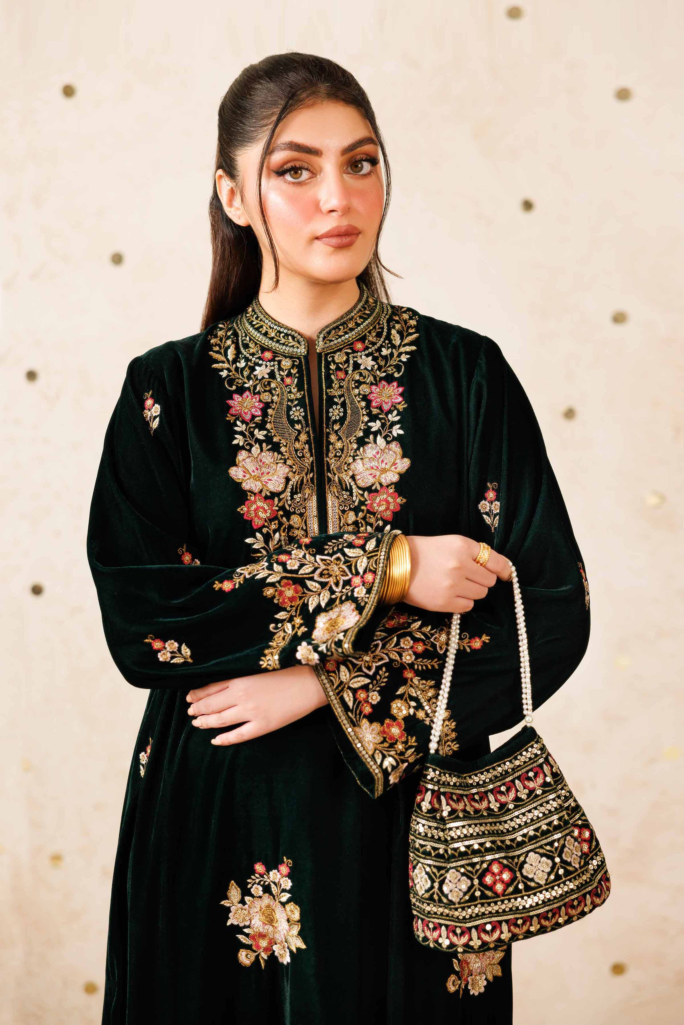 NishatUK - Green Embroidered Velvet 2-piece ready to wear Luxury Dress