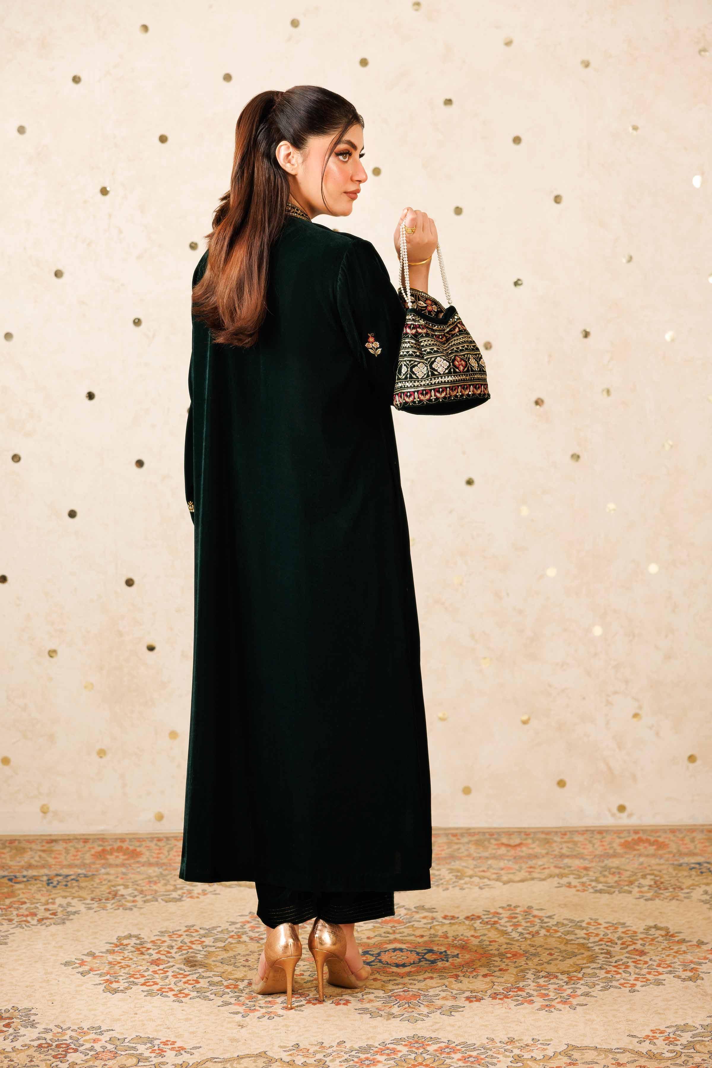 NishatUK - Green Embroidered Velvet 2-piece ready to wear Luxury Dress