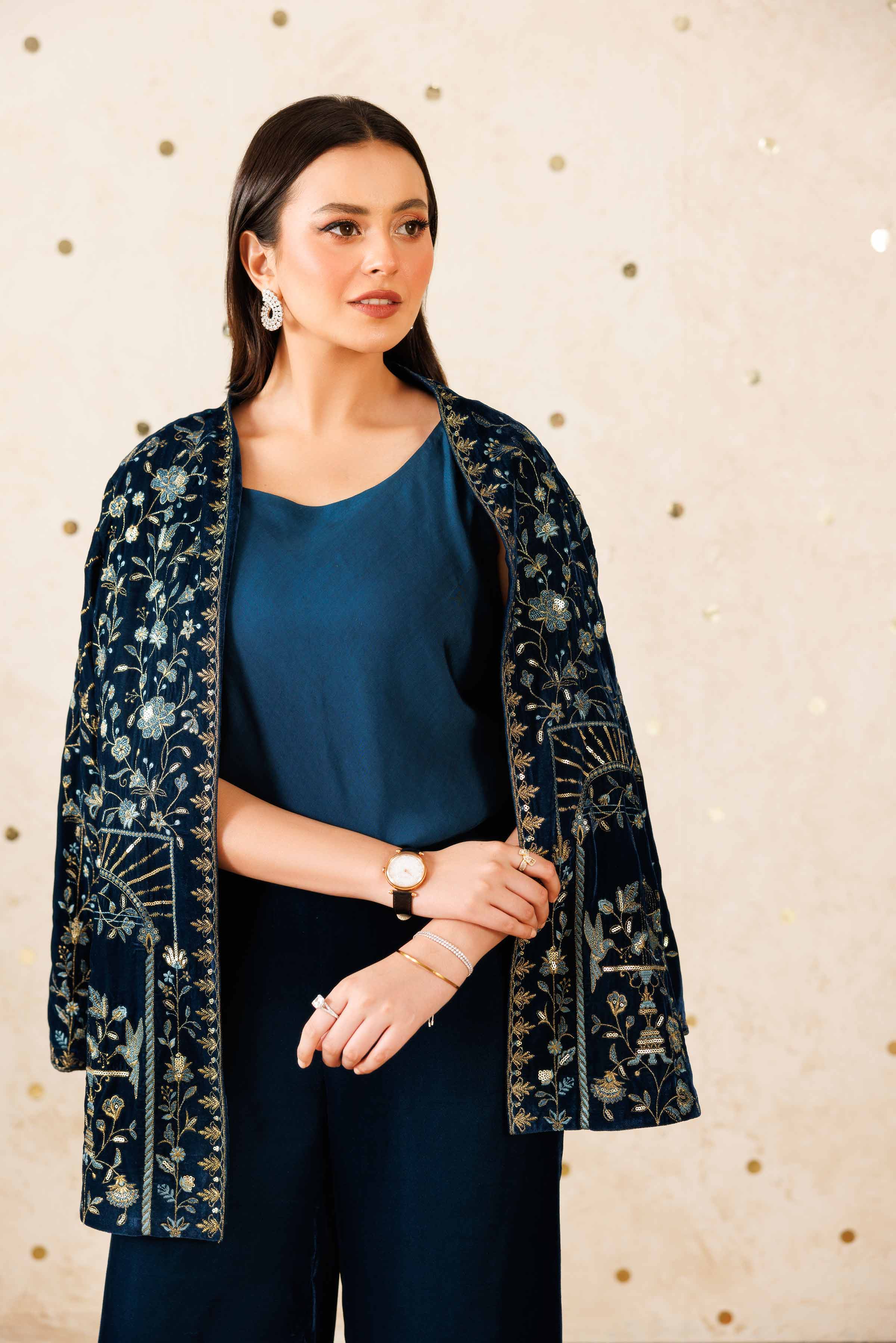 NishatUK - Teal Embroidered Velvet 3-piece ready to wear Suit