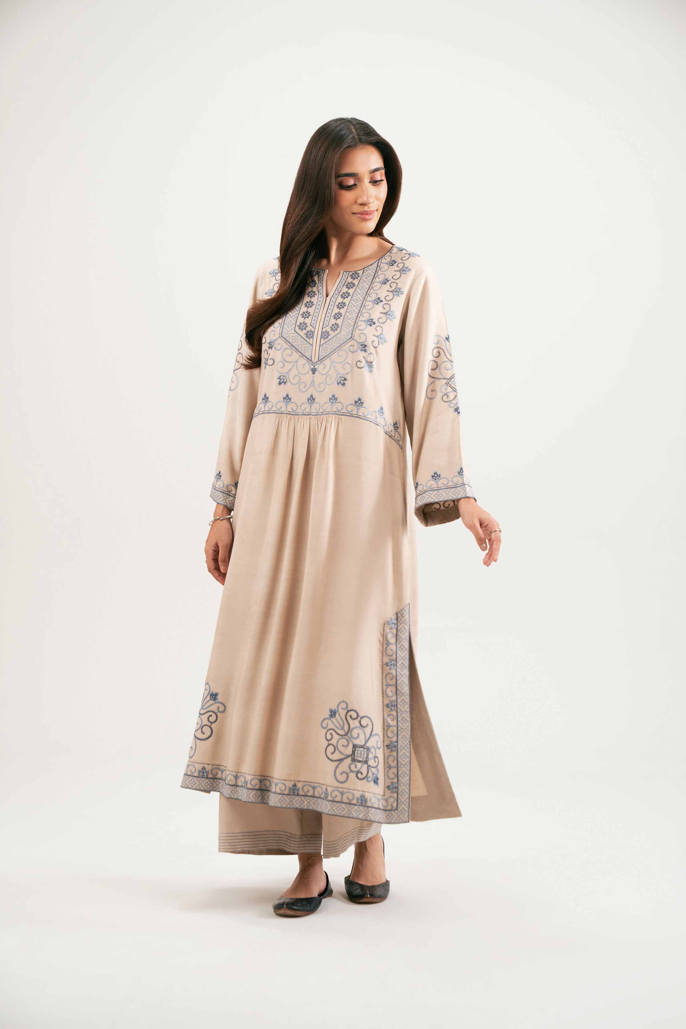 NishatUK - Beige Embroidered Silk 2-piece ready to wear-luxury Dress