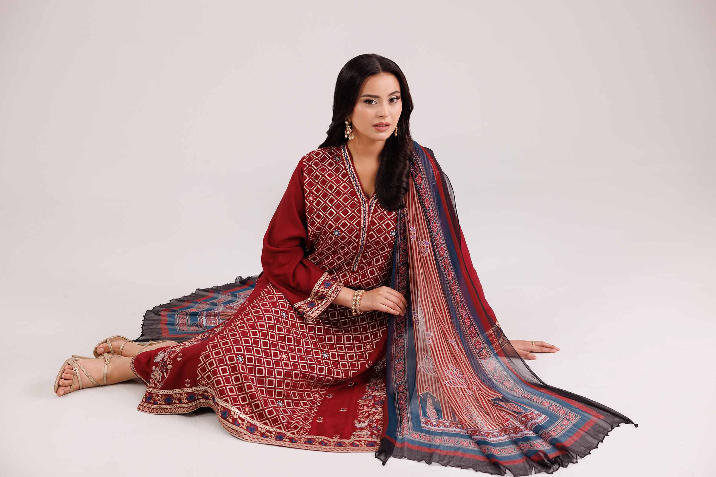 NishatUK - Red Embroidered Karandi 3-piece ready to wear-luxury Suit