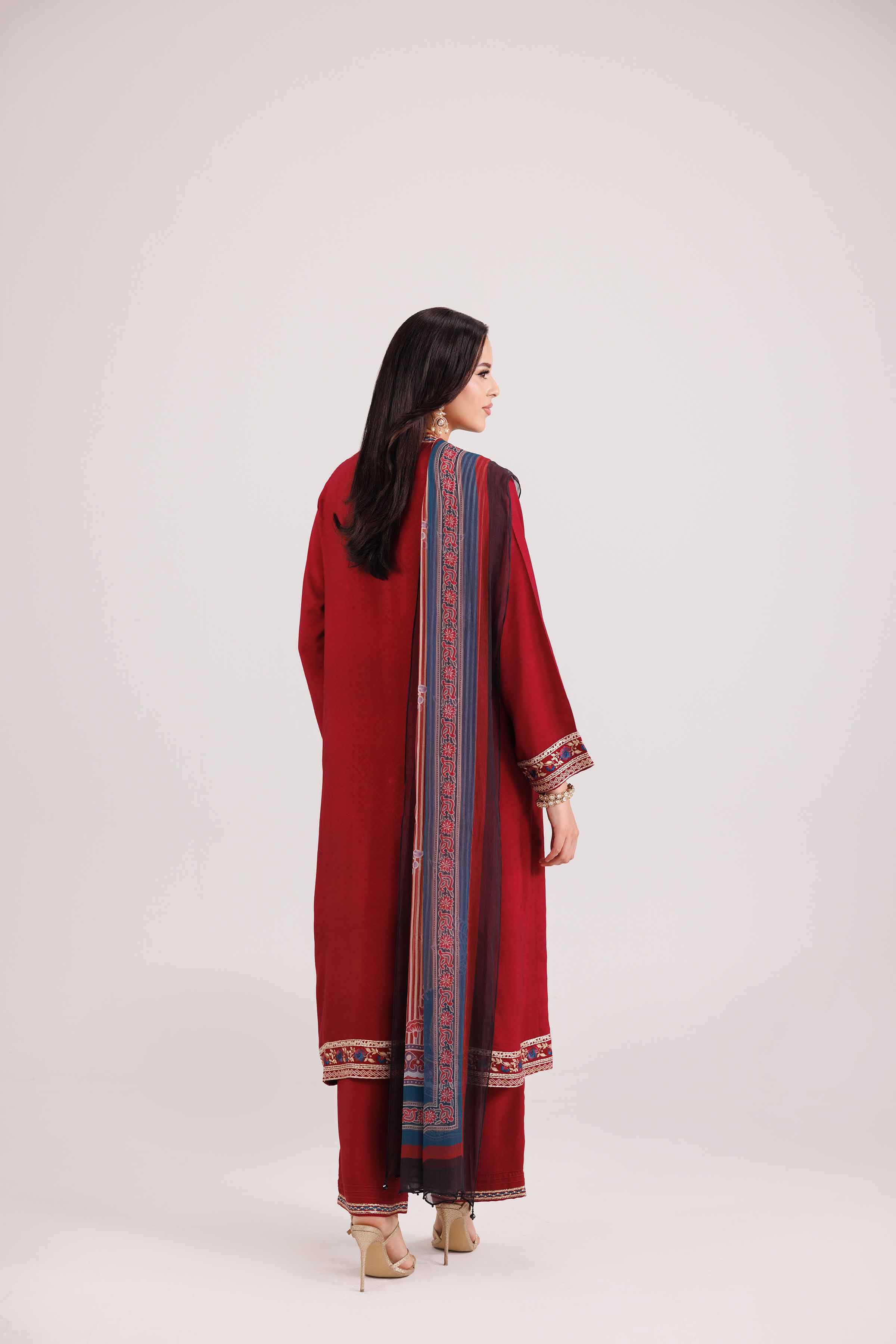 NishatUK - Red Embroidered Karandi 3-piece ready to wear-luxury Suit