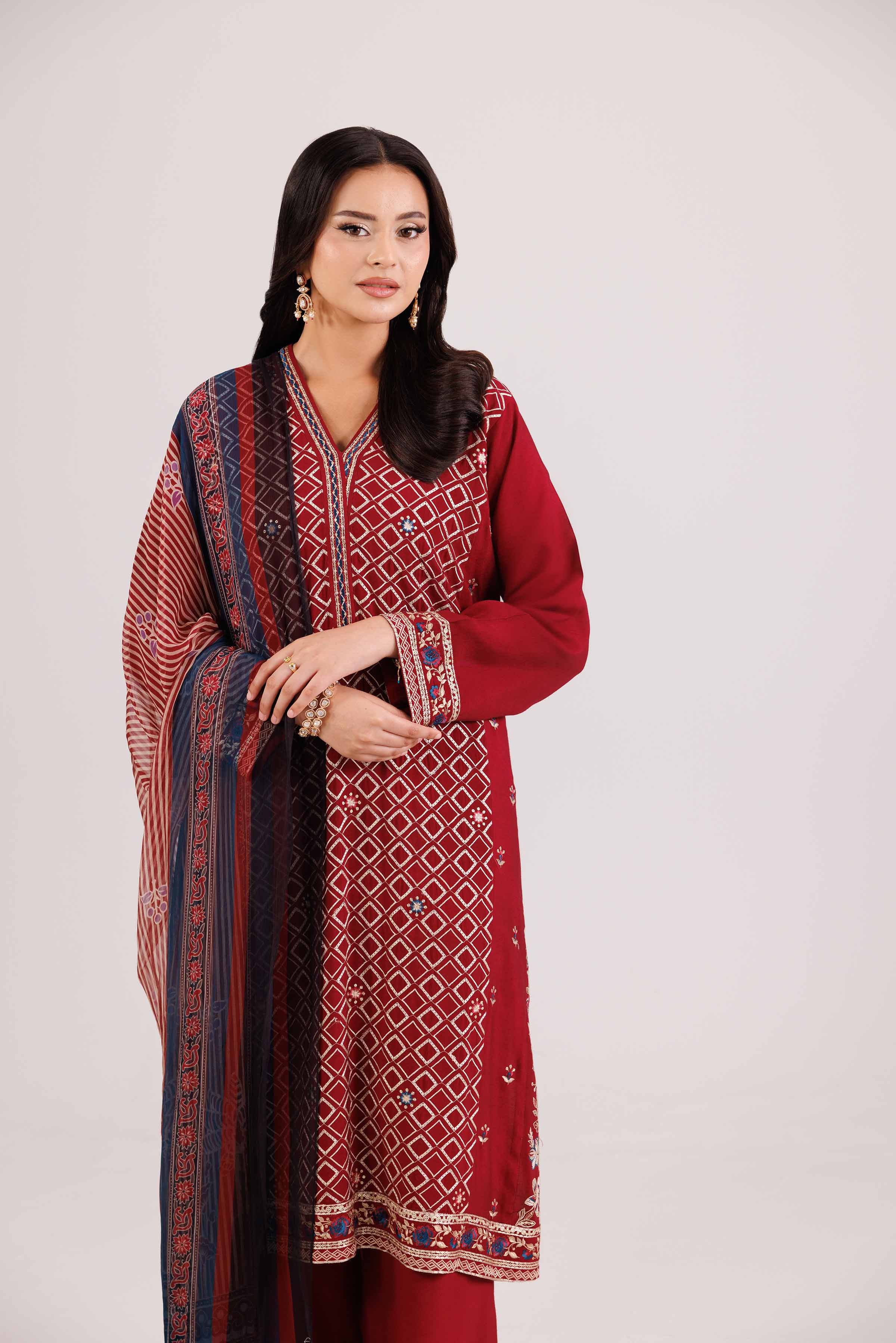 NishatUK - Red Embroidered Karandi 3-piece ready to wear-luxury Suit