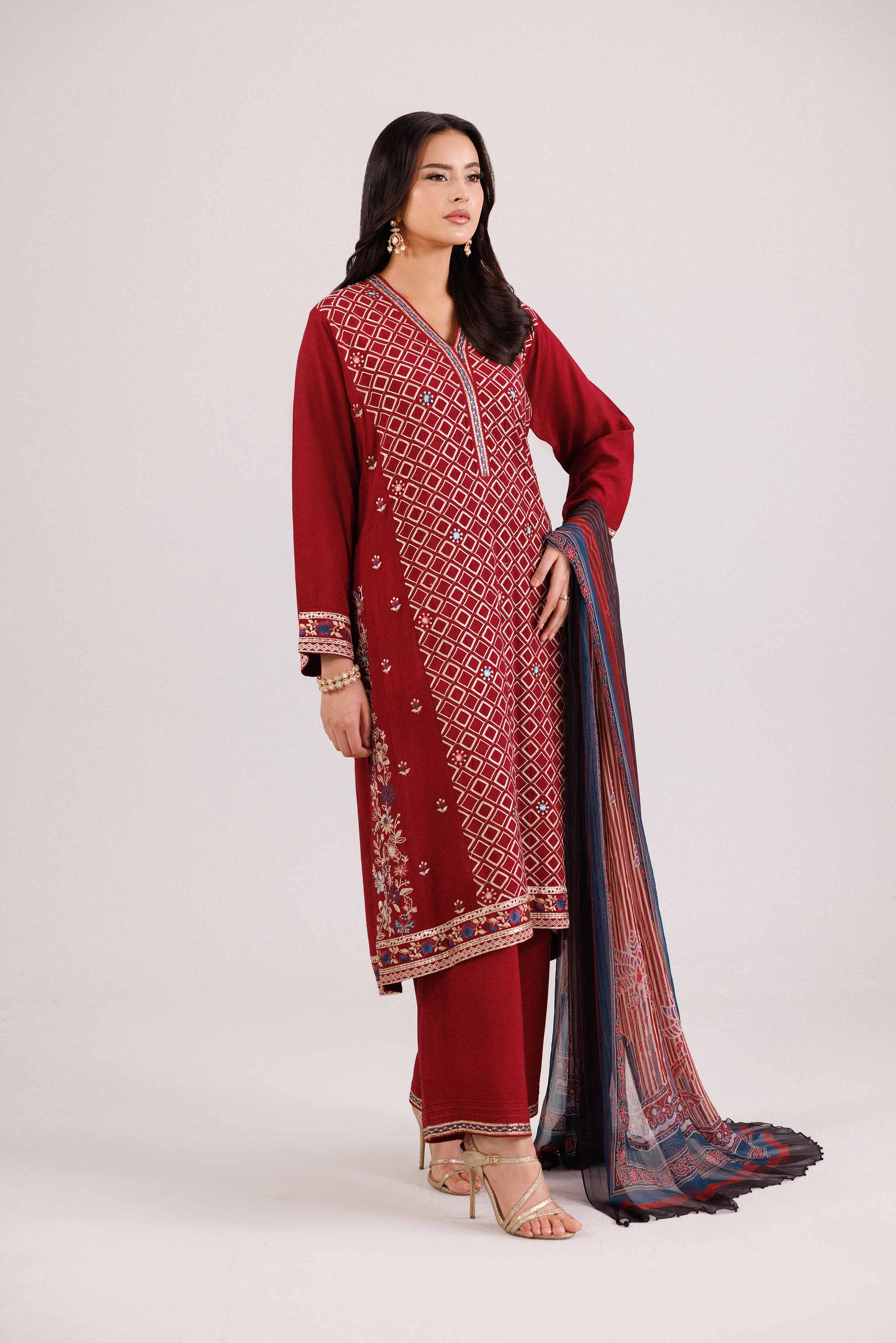 NishatUK - Red Embroidered Karandi 3-piece ready to wear-luxury Suit