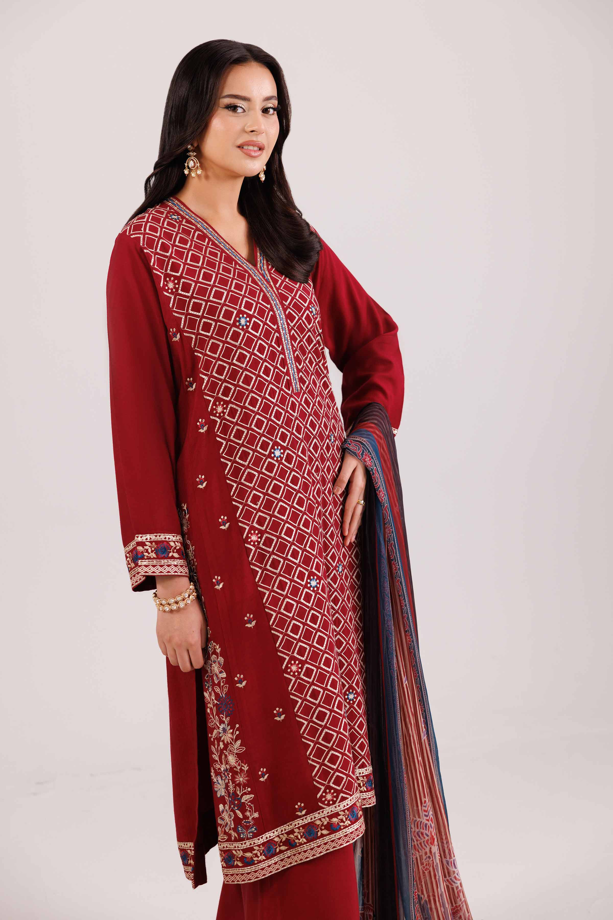 NishatUK - Red Embroidered Karandi 3-piece ready to wear-luxury Suit