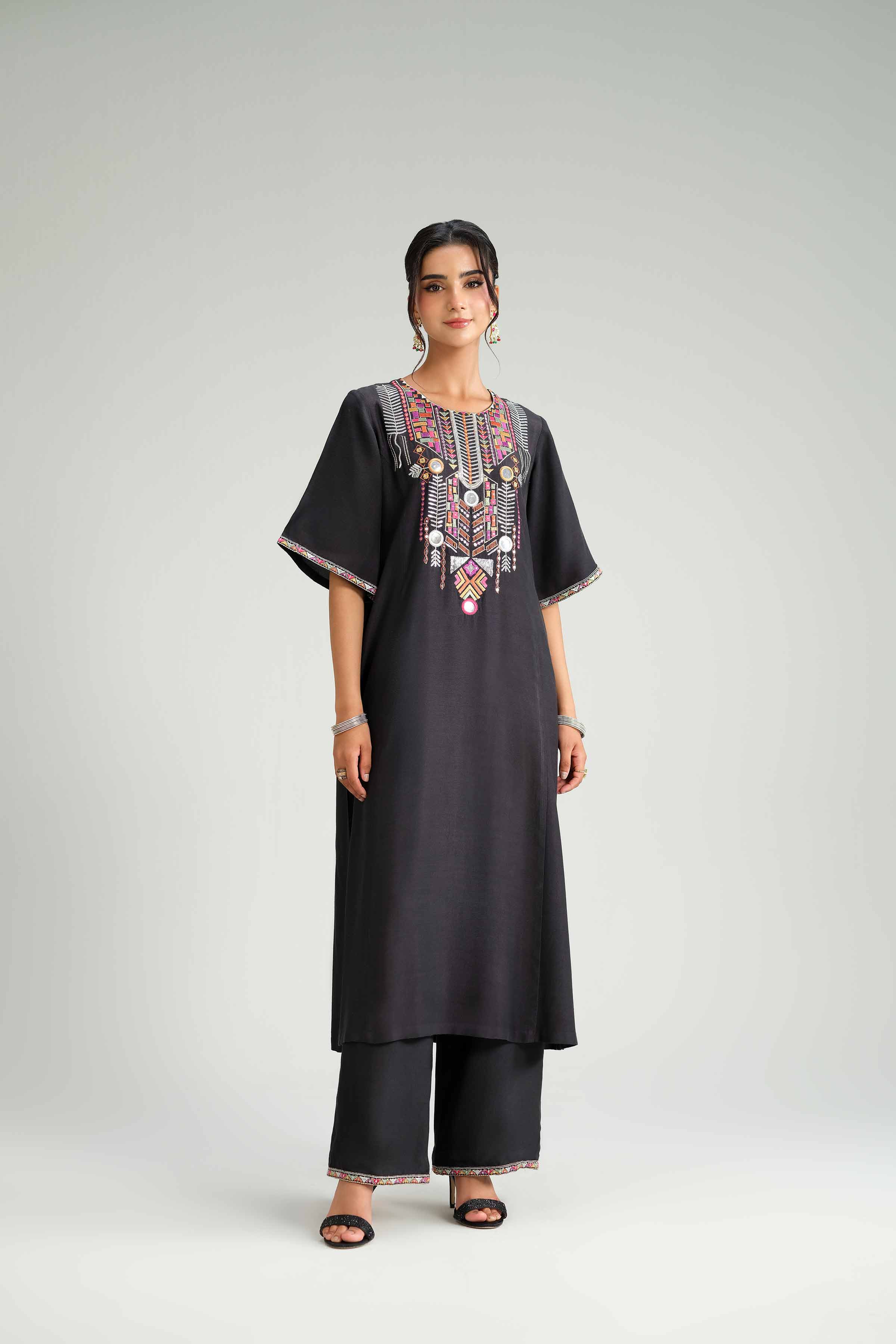 NishatUK - Black Embroidered Silk 2-piece ready to wear-luxury Dress