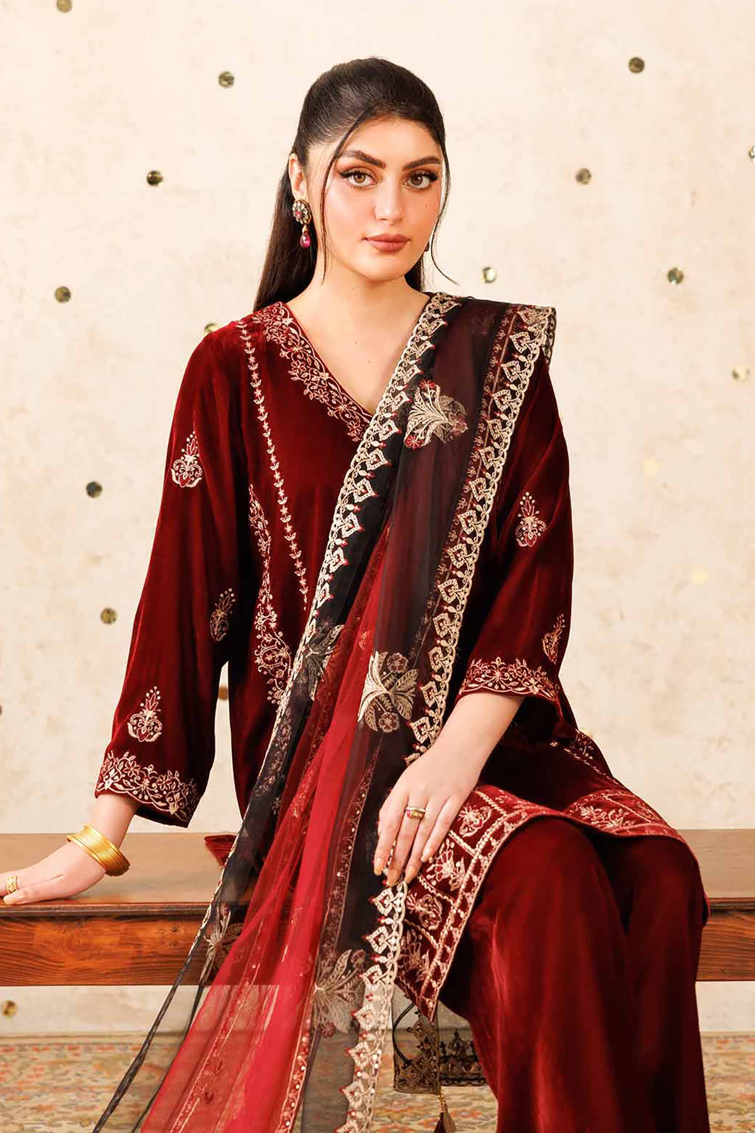 NishatUK - Red Embroidered  Velvet 3-piece ready to wear Suit
