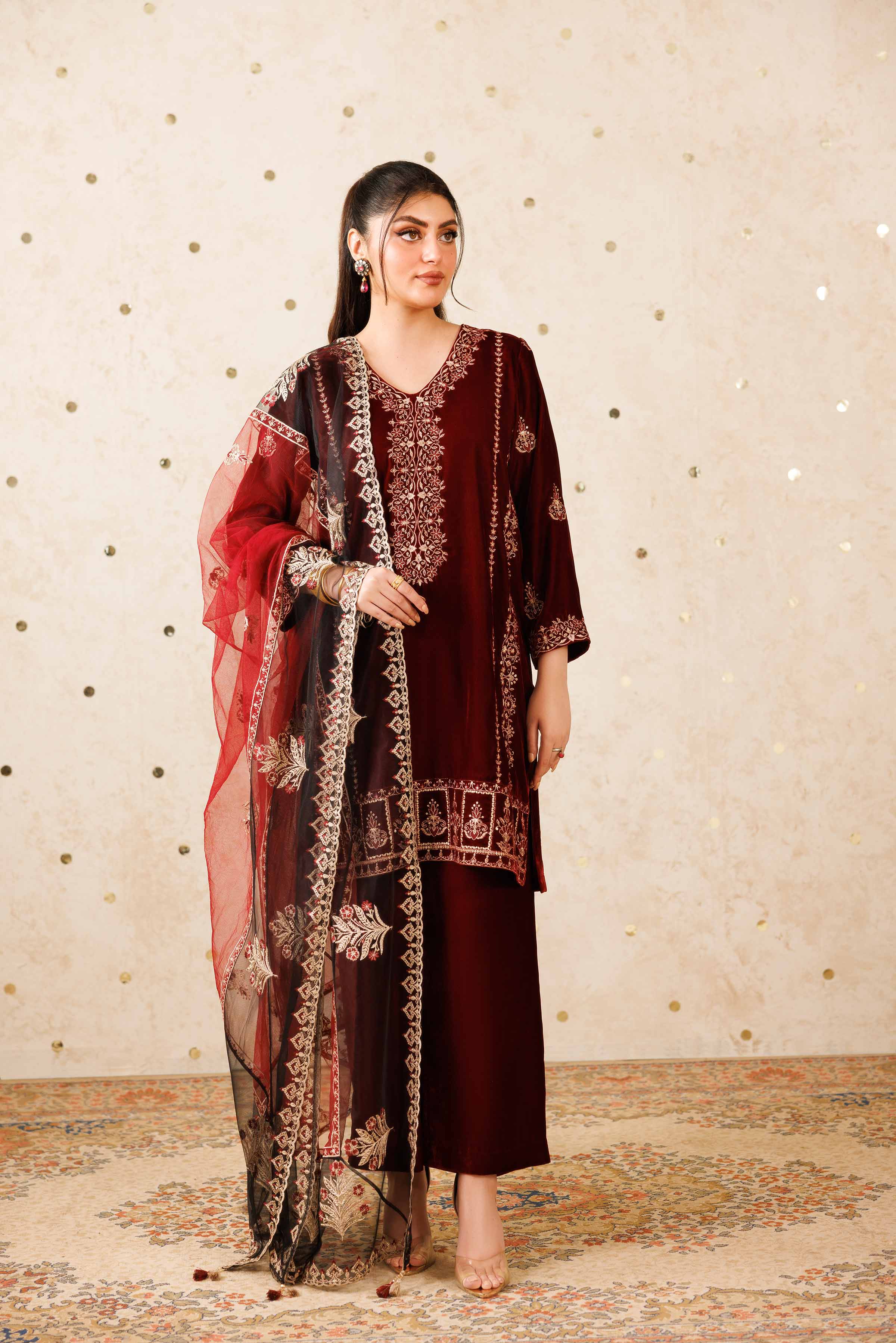 NishatUK - Red Embroidered  Velvet 3-piece ready to wear Suit
