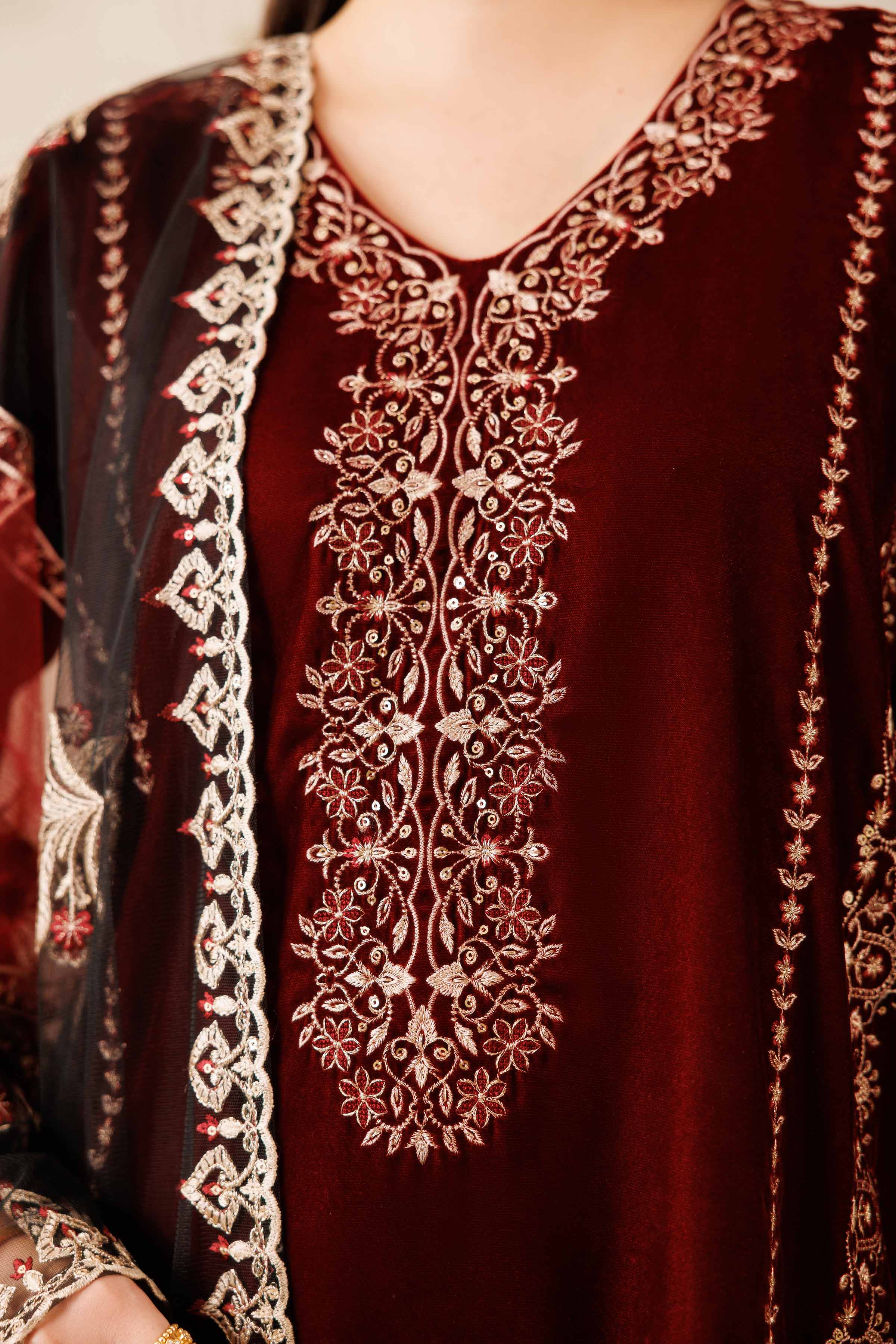 NishatUK - Red Embroidered  Velvet 3-piece ready to wear Suit