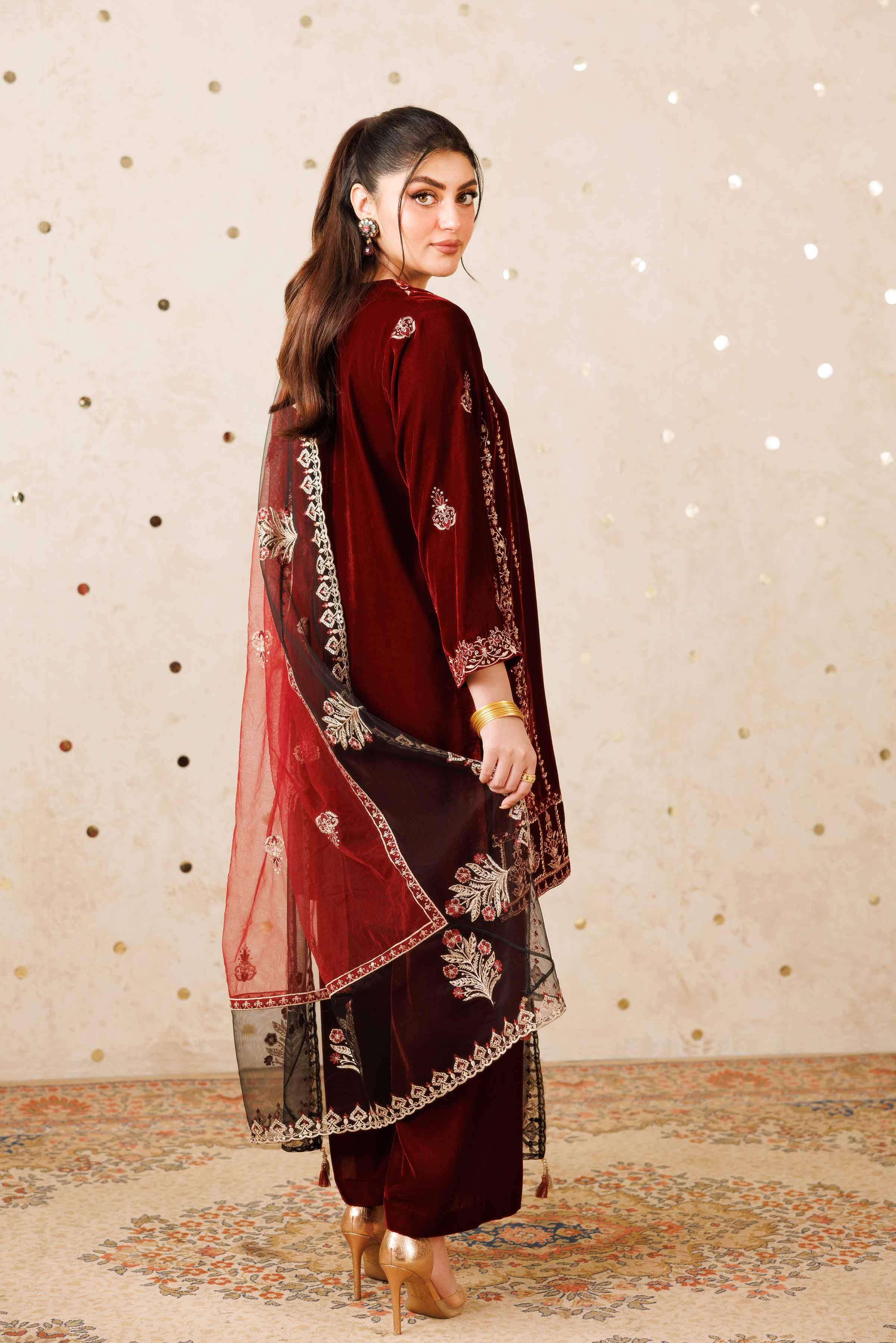 NishatUK - Red Embroidered  Velvet 3-piece ready to wear Suit