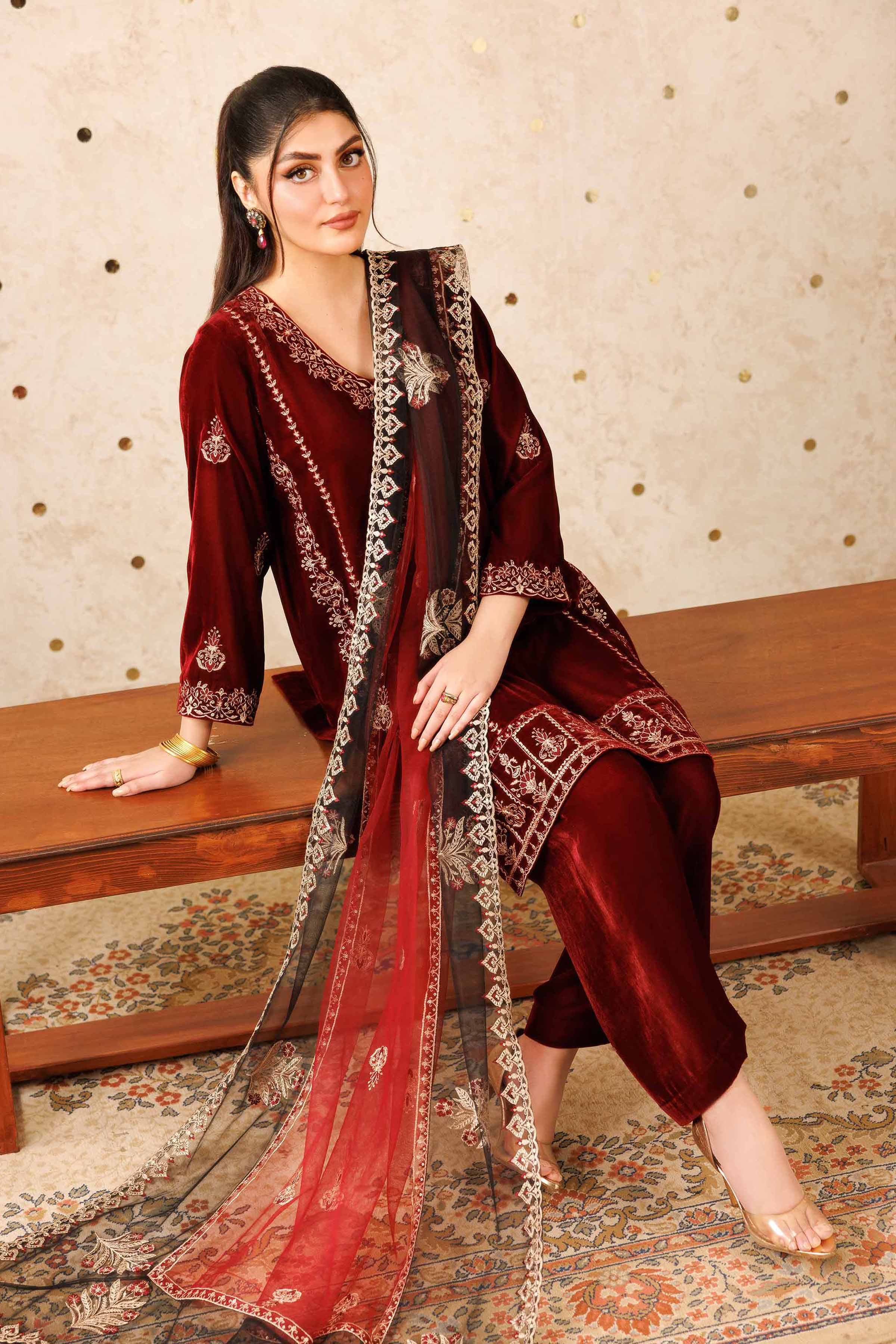NishatUK - Red Embroidered  Velvet 3-piece ready to wear Suit