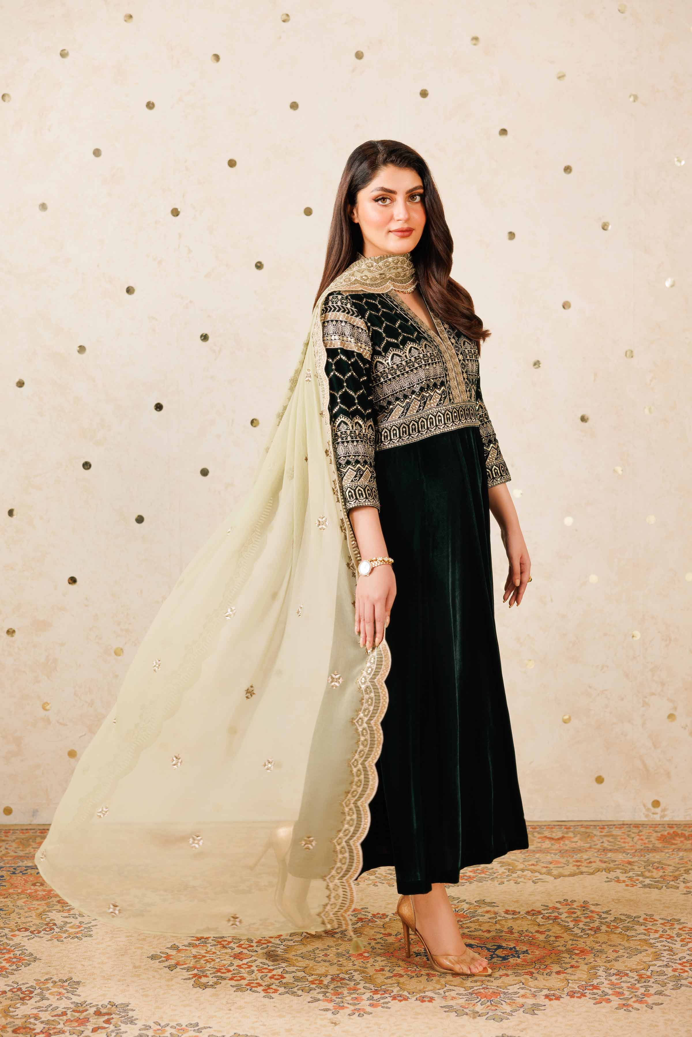 NishatUK - Green Embroidered Velvet 2-piece ready to wear Luxury Dress