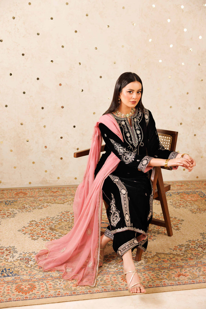 NishatUK - Black Embroidered Velvet 3-piece ready to wear Luxury Suit
