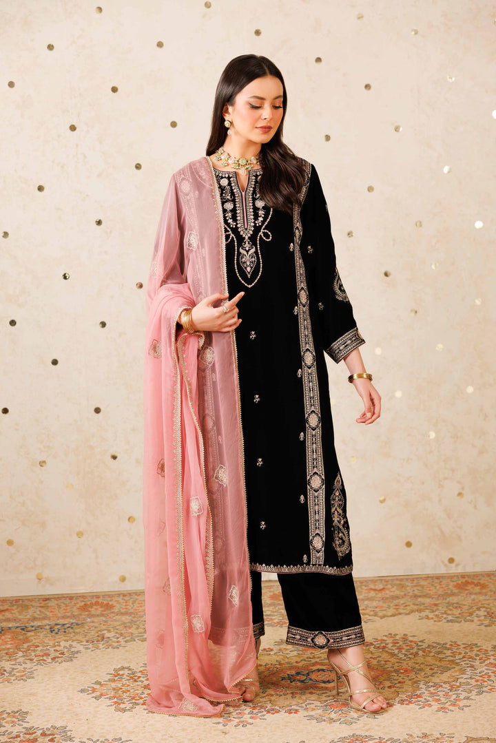 NishatUK - Black Embroidered Velvet 3-piece ready to wear Luxury Suit