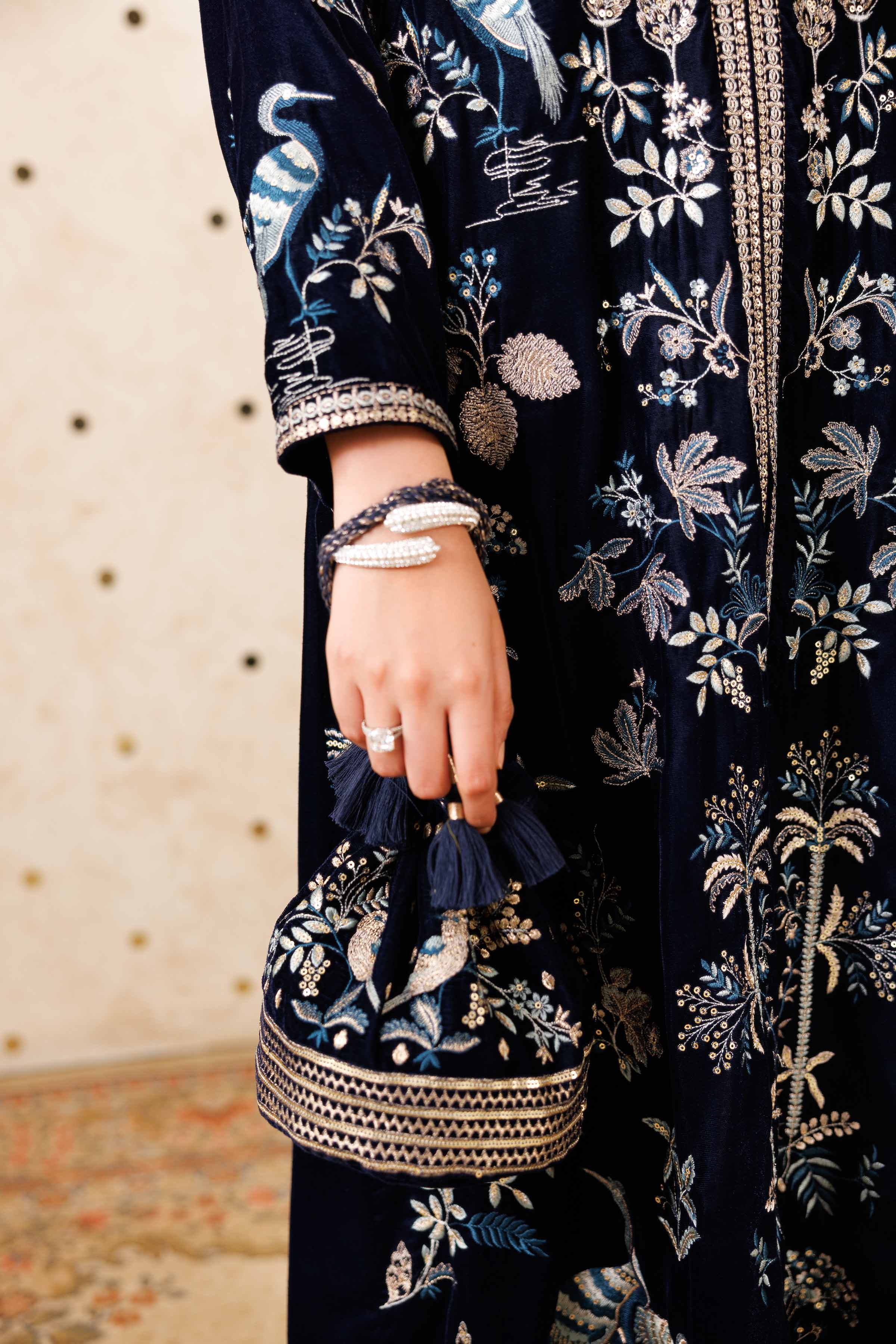 NishatUK - Blue Embroidered Velvet  ready to wear Pouch