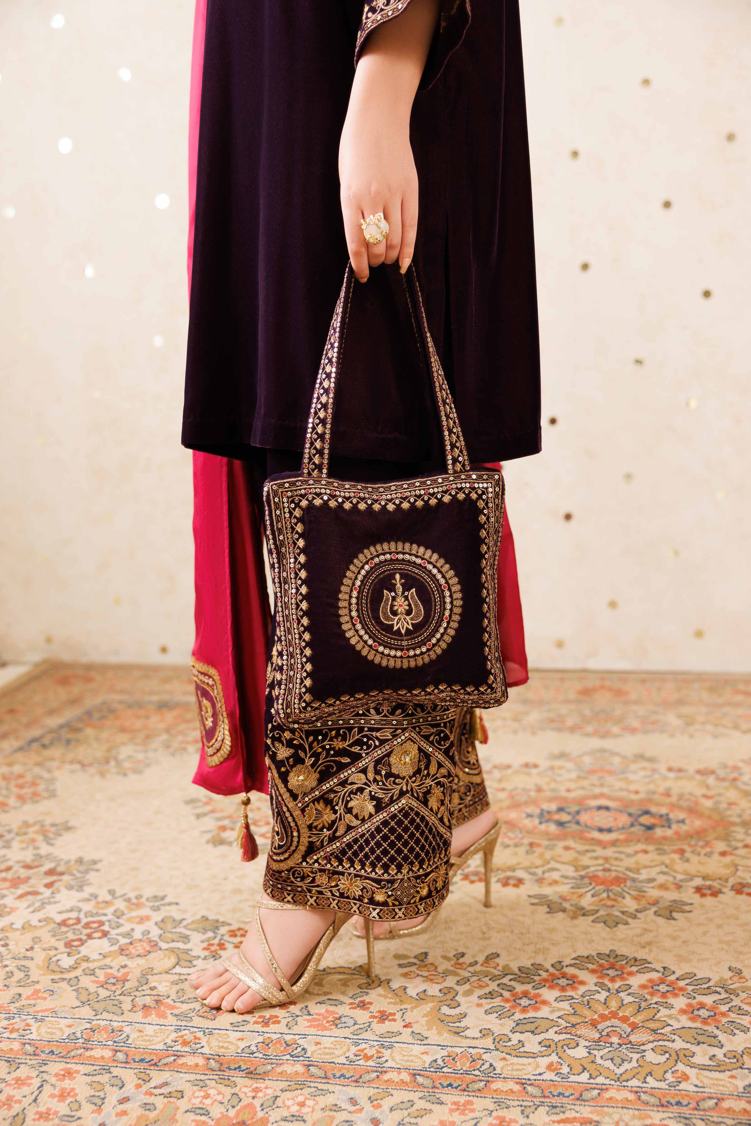NishatUK - Purple Embroidered Velvet  ready to wear Pouch
