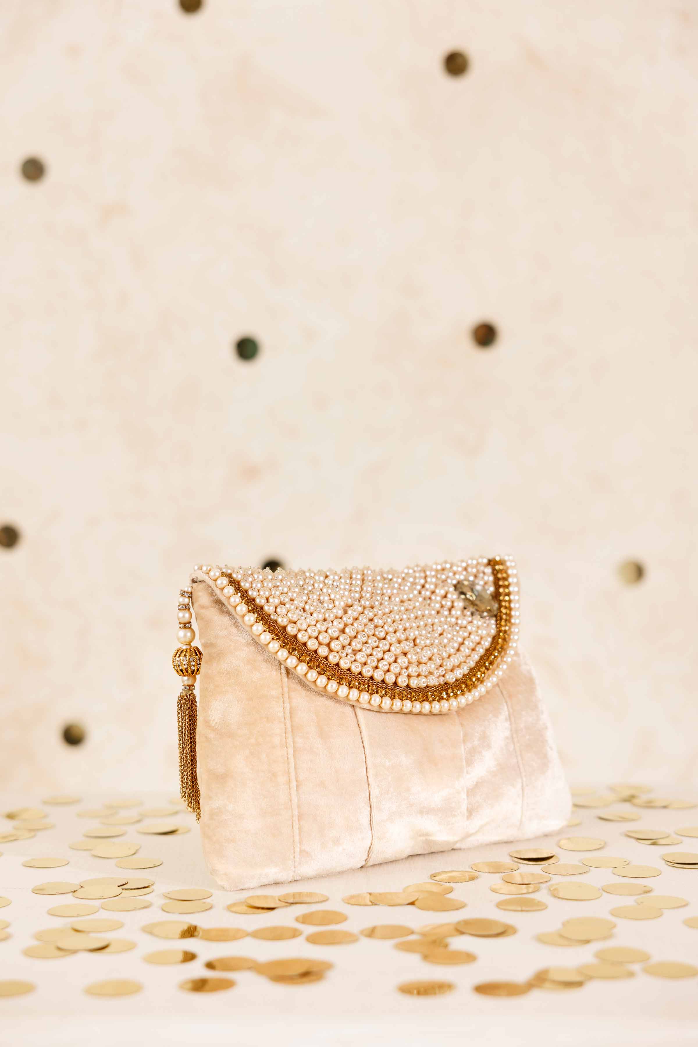 NishatUK - Beige Embroidered Velvet  ready to wear Pouch