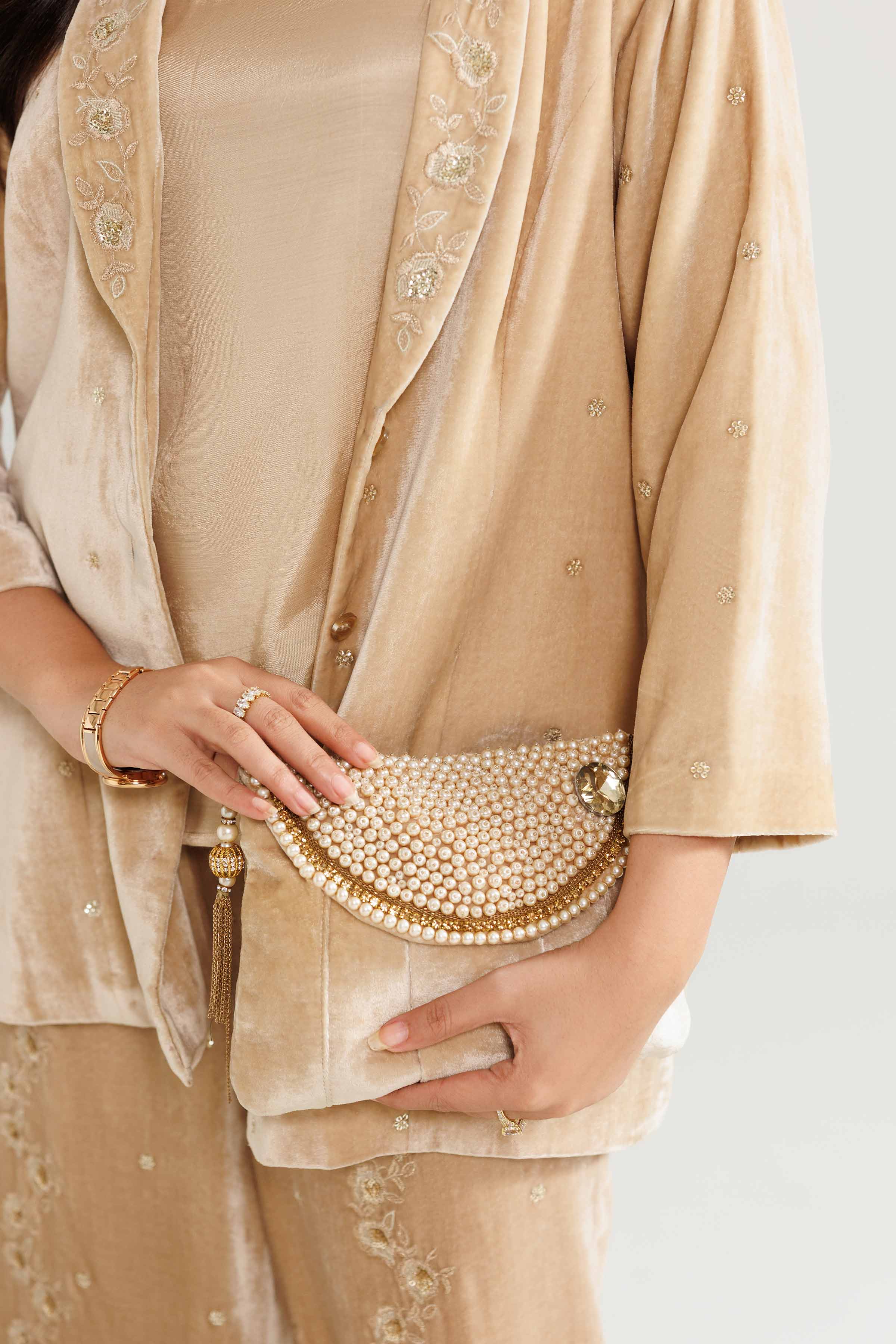 NishatUK - Beige Embroidered Velvet  ready to wear Pouch