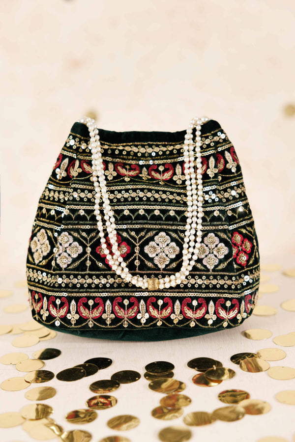 NishatUK - Green Embroidered Velvet  ready to wear Pouch