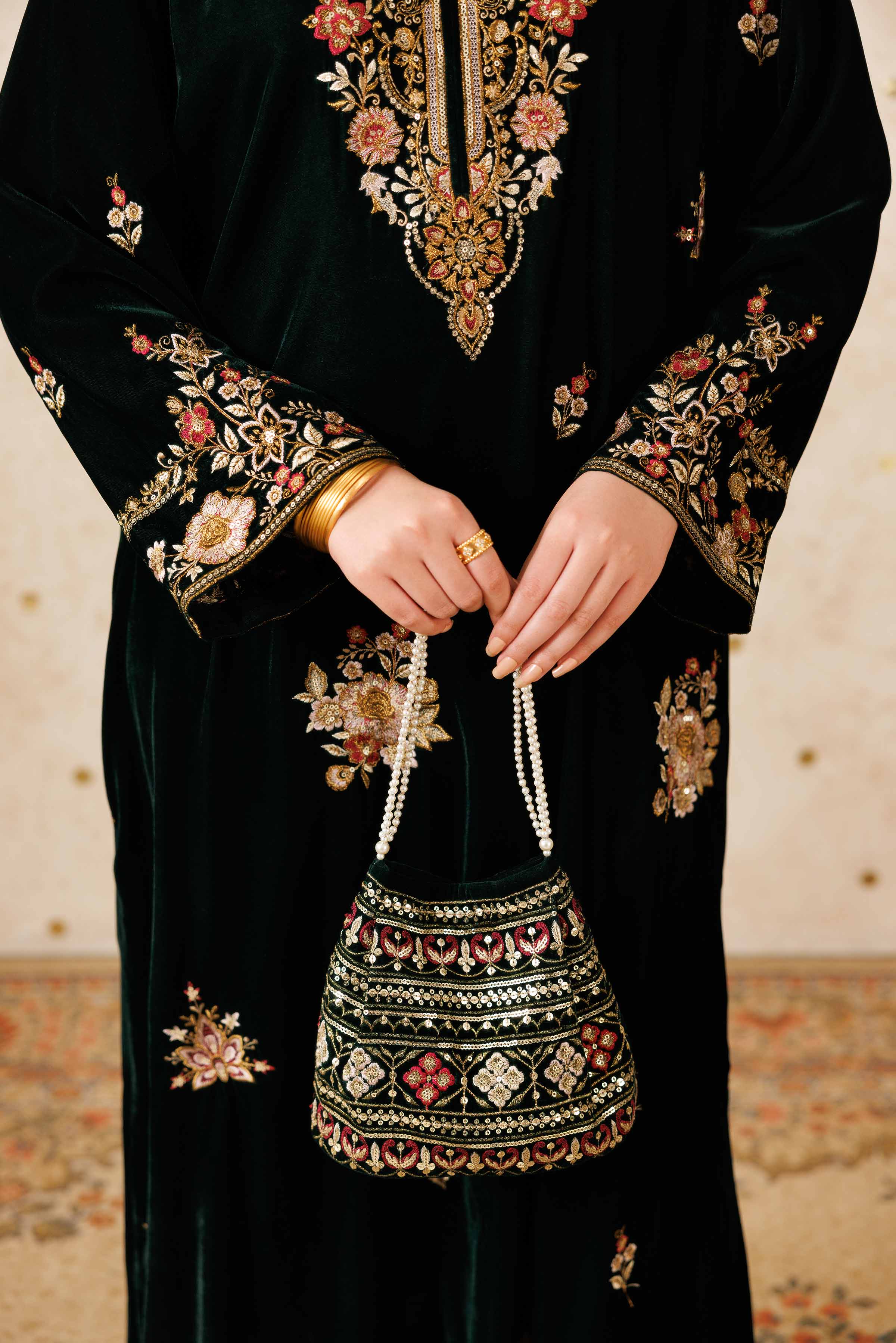 NishatUK - Green Embroidered Velvet  ready to wear Pouch